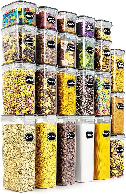 Wildone Airtight Food Storage Containers Set, 23 Pack BPA Free Plastic Kitchen and Pantry Organization Containers with Lids for Cereal, Dry Food, Flour and Sugar, with Free Labels & Marker Pen, Black