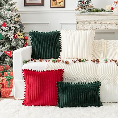 Miniatura 5 de UGASA - Juego de 2 fundas de almohada decorativas a rayas bohemias con pompones, de franela suave, rectangular, para sofá, dormitorio, decoración