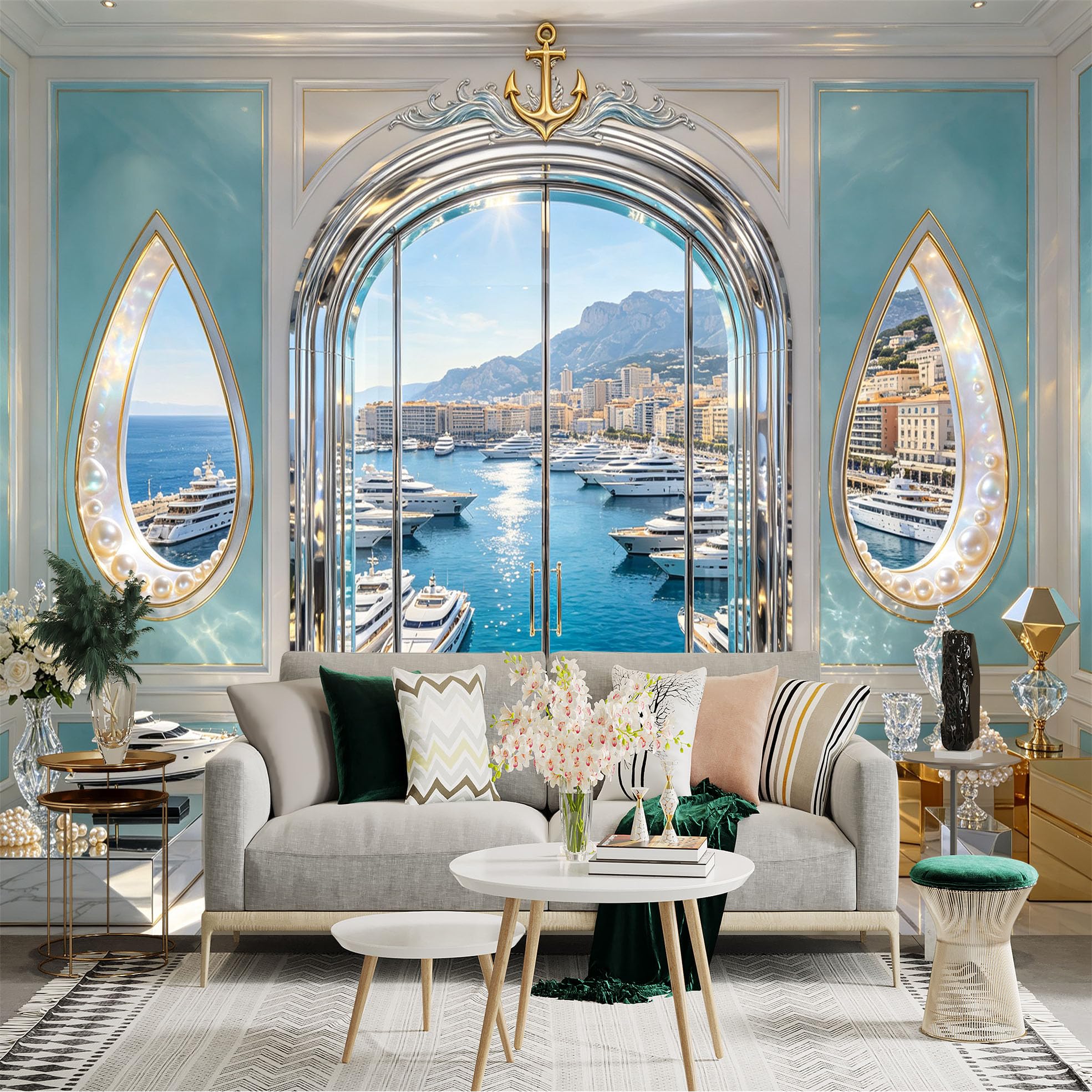 Custom Size Wall Sticker Mural， Luxury Yacht Marina Ocean View Coastal Harbor， for wall Decoration， peelandstick wall Decals.