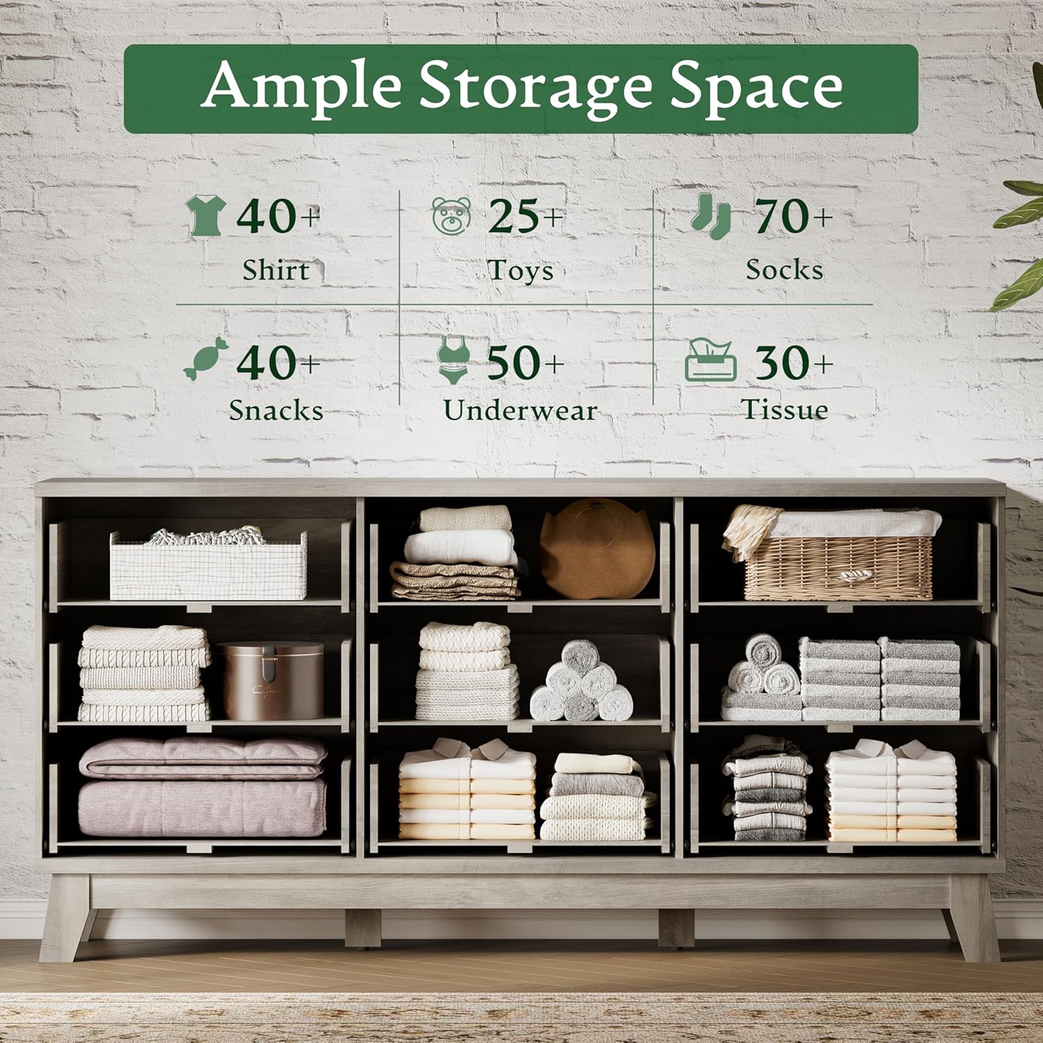 Image illustrating the storage capacity of the dresser drawers for various items.