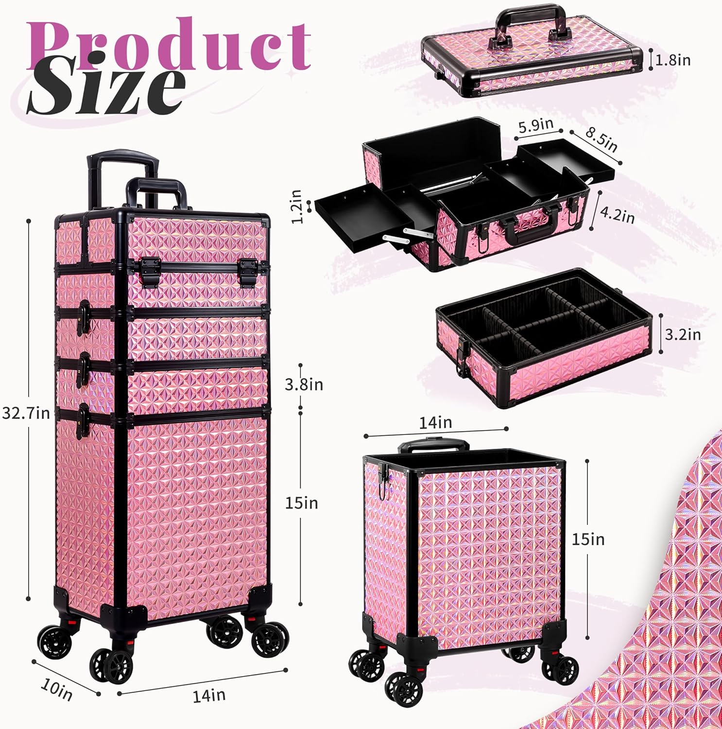 AROUS 5 in 1 Rolling Makeup Train Case Cosmetology Case on Wheels Large Cosmetic Organizer Travel Cart for Hairstylist Artist Nail Beauty Salon Barber,Pink - Image 4