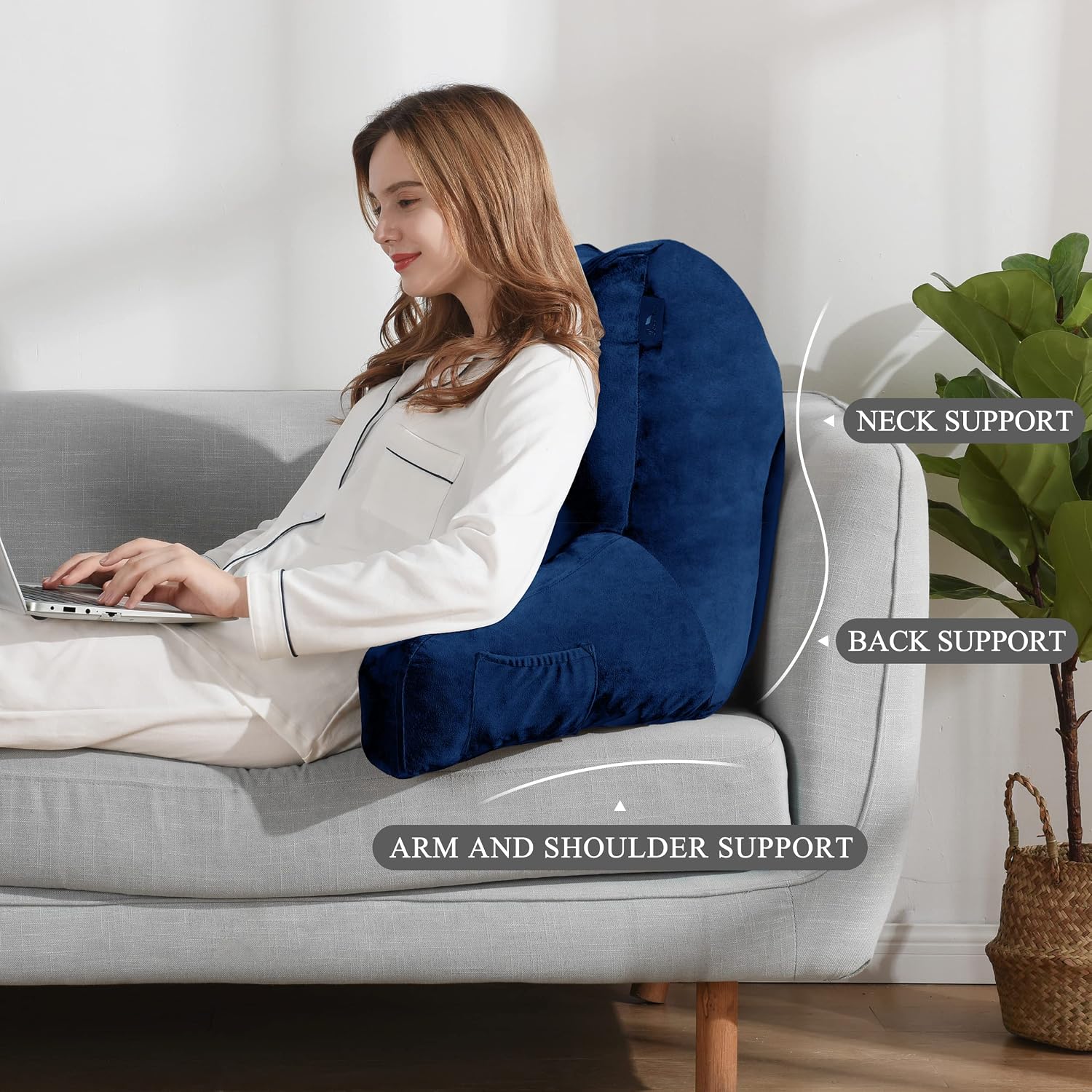 downluxe Reading Pillow with Support Arms, Bed Pillows for Sitting Up in Bed/Couch, Large Adult Arm Pillow with Shredded Memory Foam and Removable Cover (20 X 15 Inches Navy)
