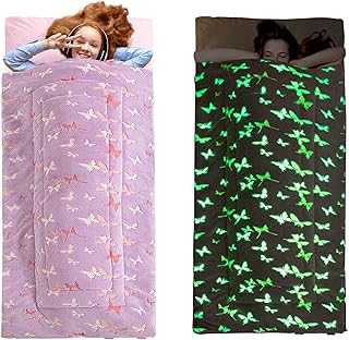 HOMBYS Glow in The Dark Sleeping Bags for 10~12 Years Old Kids, Soft Kids Nap Mat with Pillow and Blanket for Daycare School, Travel Sleep Bag for Childern Girls Boys Truck Travel Camping