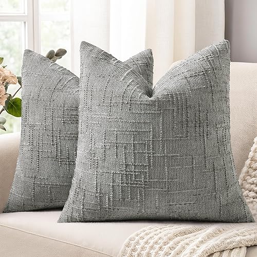 decorUhome Spring Neutral Grey Chenille Throw Pillow Covers 16x16 Set of 2 Thick Textured Slubby Couch Pillow Covers Farmhouse Accent Modern Neutral Decorative Pillow Cases for Bed Sofa Living Room
