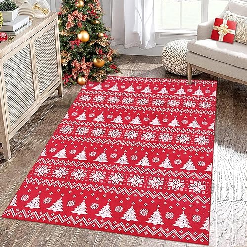 Miniatura 9 de Alfombra de Navidad de 3 x 5 pies, lavable a máquina, para dormitorio, árbol de Navidad, copo de nieve, alfombra decorativa para sala de estar,