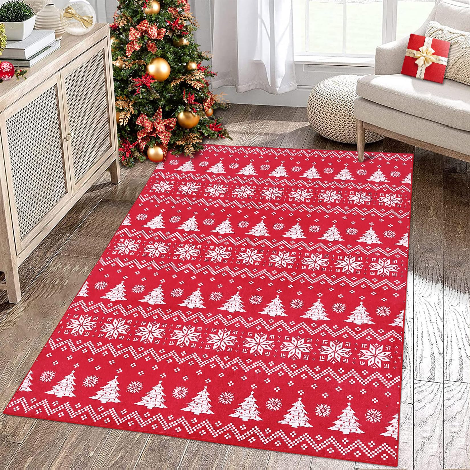CAROMIO Alfombra de Navidad para sala de estar, lavable a máquina, antideslizante, alfombra decorativa de Navidad para dormitorio, comedor, guardería, color rojo, 140 x 200 cm