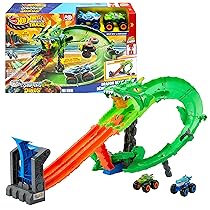 Hot Wheels Monster Trucks – Sharks vs. Dinos Dragon Destruction, set con veicoli Great Bite e Rageasaur inclusi, sconfiggi il nemico cyborg, giocattolo per bambini, 4+ anni, JGB06