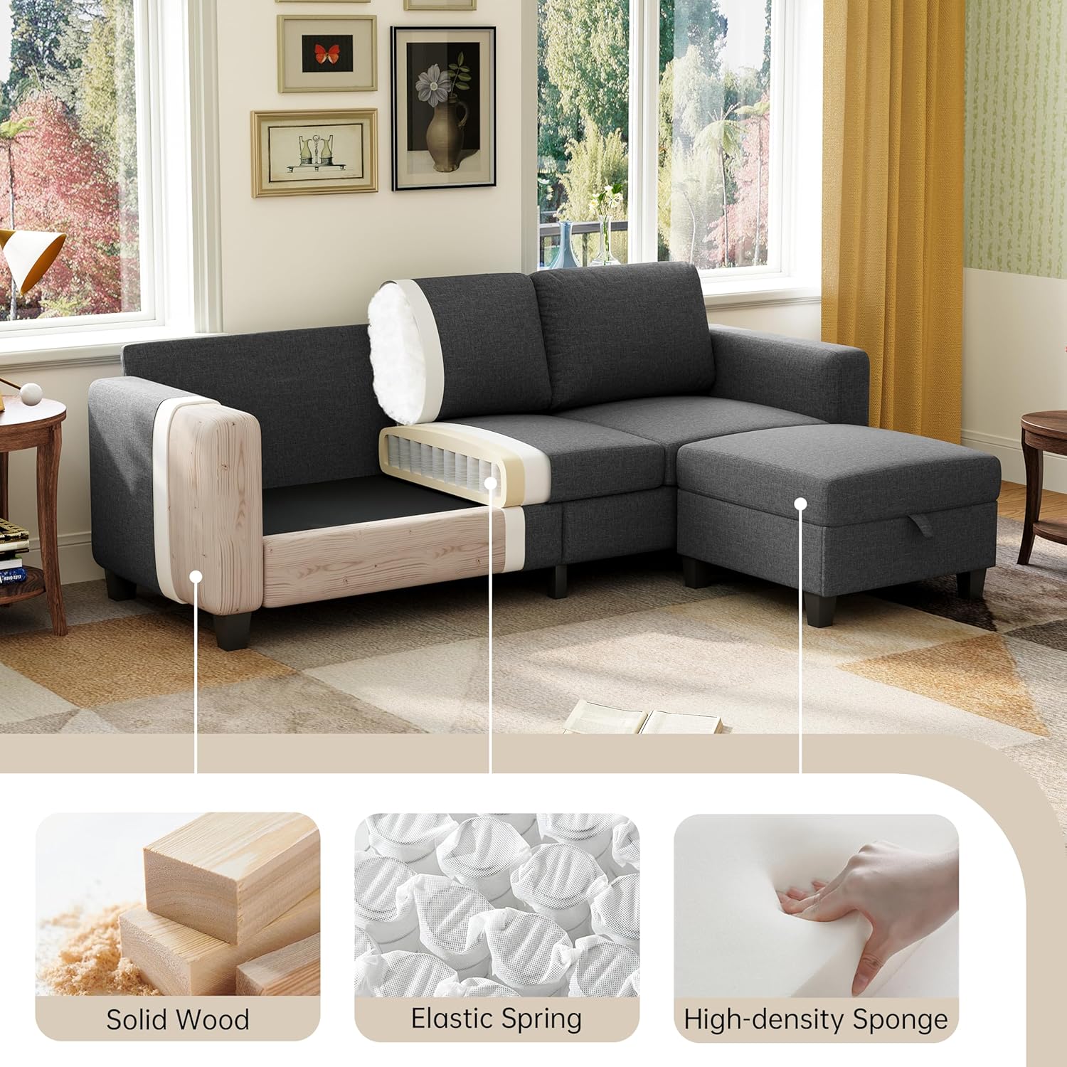 78" Sectional Sofa Couches for Living Room, Dark Grey Convertible L Shaped Couch with Storage Ottoman, Deep Seat Pet-Friendly Linen Fabric Sofa Set for Small Space, Apartment, Dorm