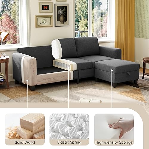 Miniatura 3 de Sofá modular para sala de estar, 78 pulgadas, color gris oscuro, 3 plazas, en forma de L, con otomana de almacenamiento, cómoda tela convertible con