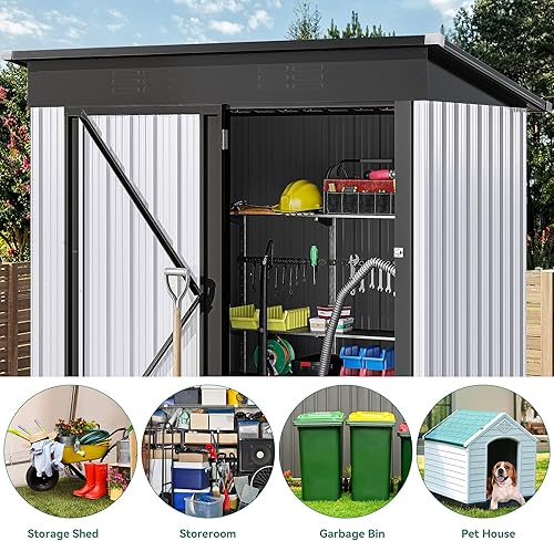 Miniatura 5 de DWVO Cobertizo de almacenamiento al aire libre de 5 x 3 pies, cobertizos de herramientas de metal resistente con puerta con cerradura y ventilación