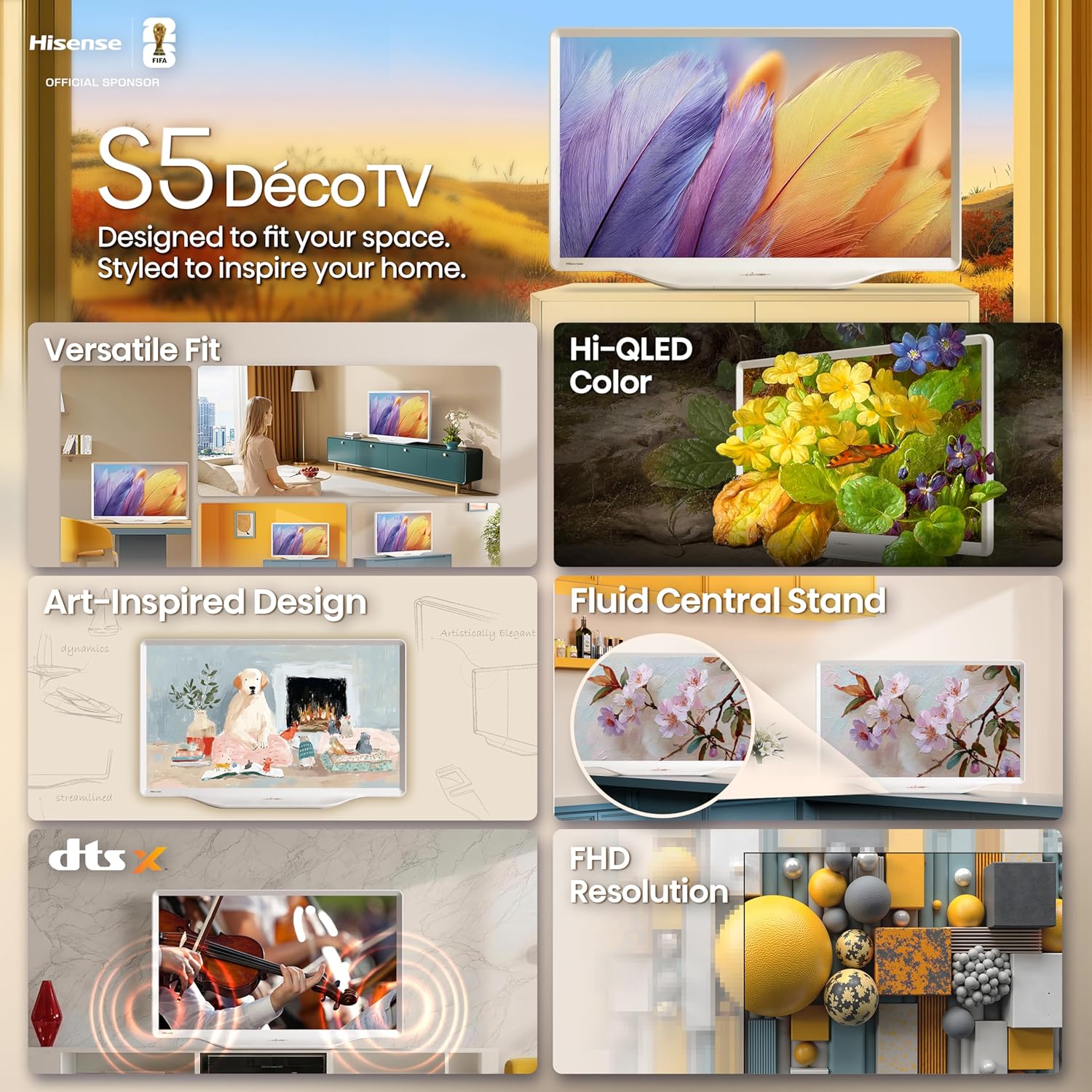 Hisense S5 DécoTV shown in various room settings: living room, dining room, bedroom, and office desk.