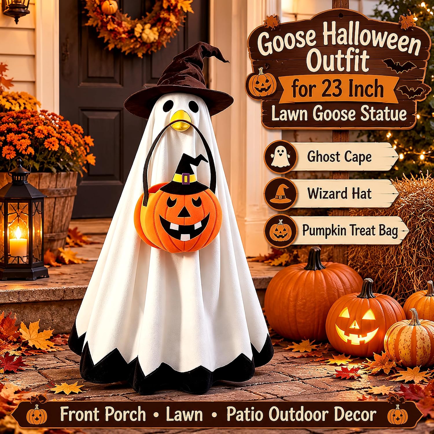 Ghost Halloween Porch Goose Outfit Witch Hat 23" Lawn Goose