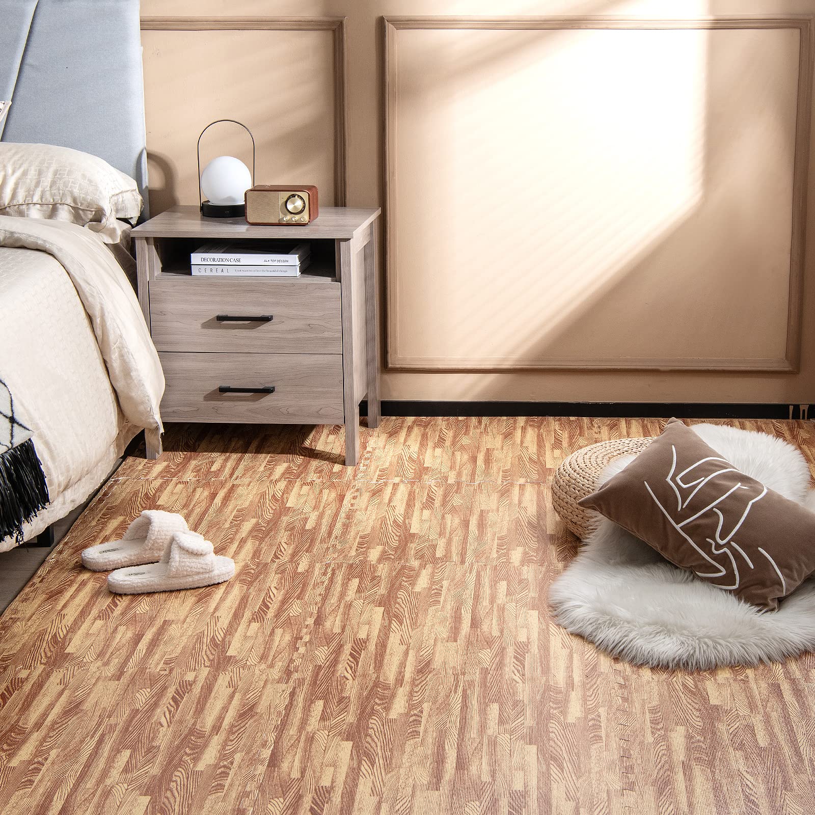 COSTWAY 12 Pezzi Tappeto Puzzle Effetto Legno, Tappetini a Incastro in Schiuma EVA con Bordi Perimetrali, Tappeto Protettivo Spesso per Palestra Casa Stanza Giochi, 61x61 cm, 4,5 M²