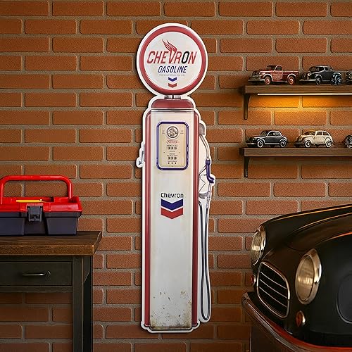 American Art Decor Cartel de metal vintage con bomba de gas Chevron Oil - Arte de pared retro de garaje, decoración clásica de coleccionistas de