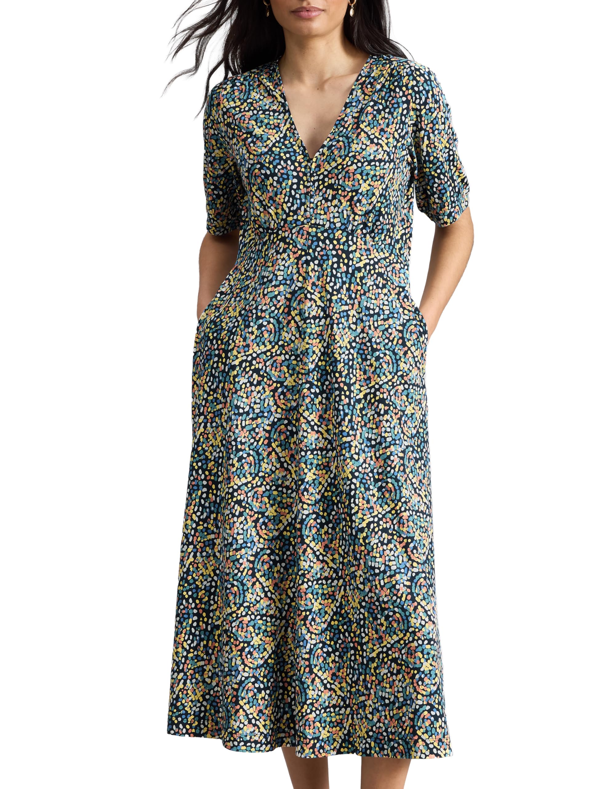 White Stuff Megan Jersey Dress - Long Sleeve V-Neck Dress for Comfort and Style - Navy/Multicoloured - Size 38R