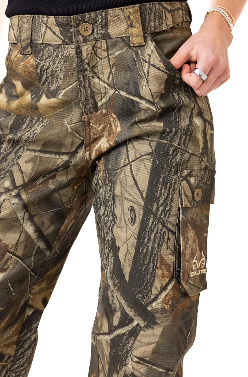 Realtree Women’s Camo Hunting Cargo Pants - Lightweight Cotton 6 Pockets Mid-Rise Slim Fit