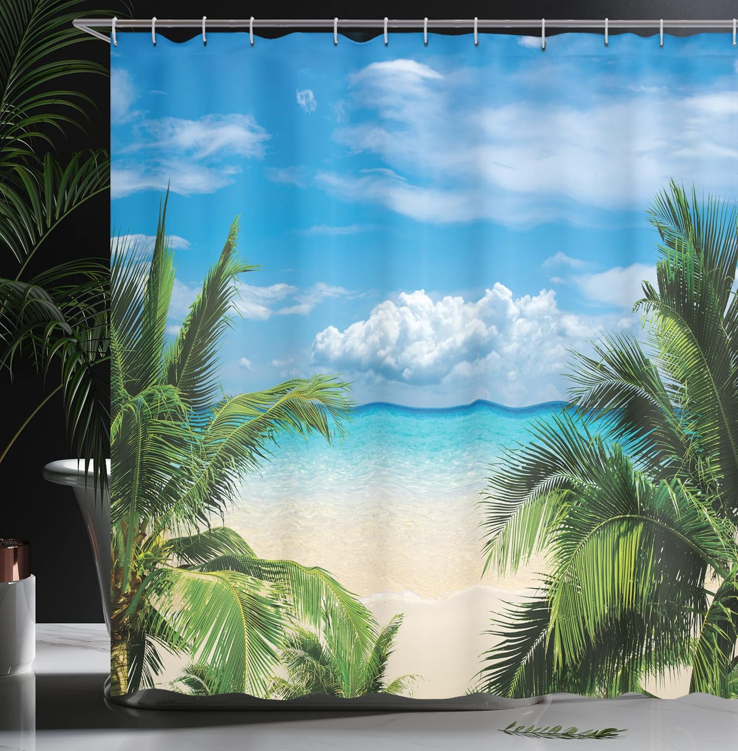 Ambesonne Tropical Shower Curtain, A Beach Relaxation at Island of Waterscape for Honeymoon Traveling by The Seaside Shore, Cloth Fabric Bathroom Set with Hooks, 69" W x 75" L, Green Pale Blue Ivory