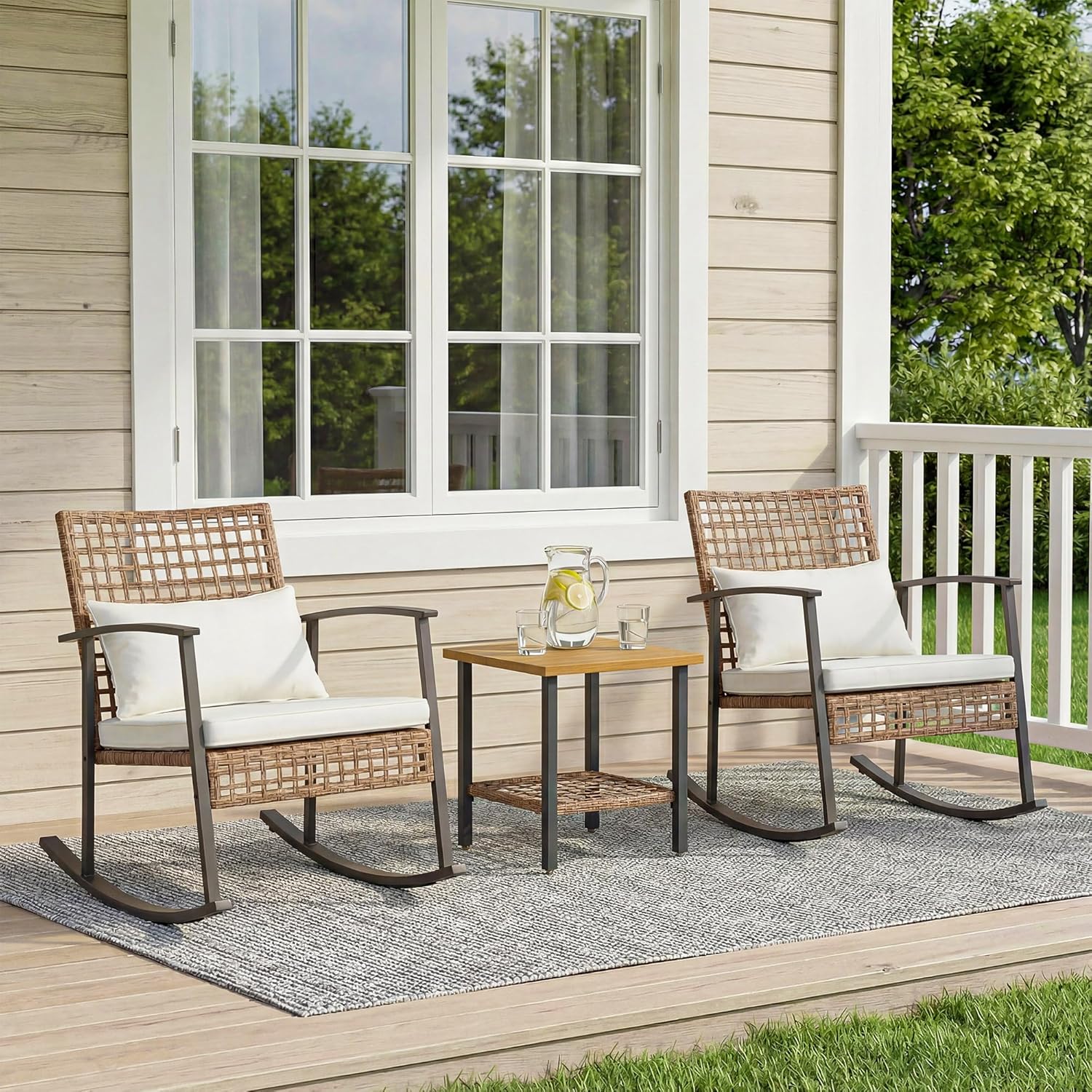 LAUSAINT HOME 3 Pieces Rocking Patio Bistro Set, Wicker Outdoor Conversation Set with Cushions and Coffee Table for Backyard, Poolside, Porch, Balcony