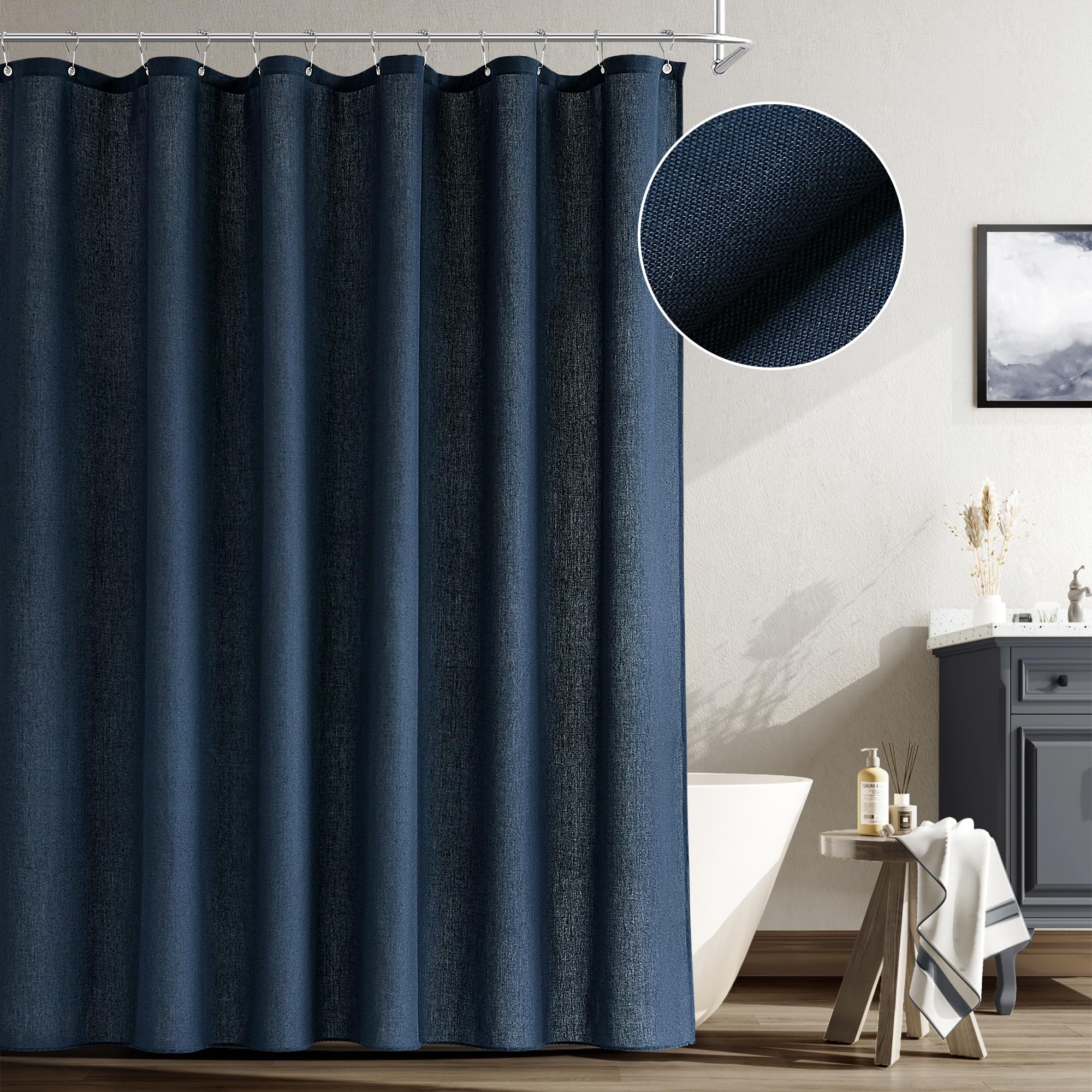 Naturoom Linen Shower Curtain 72 Inch Long for Bathroom Navy Blue 1 Panel