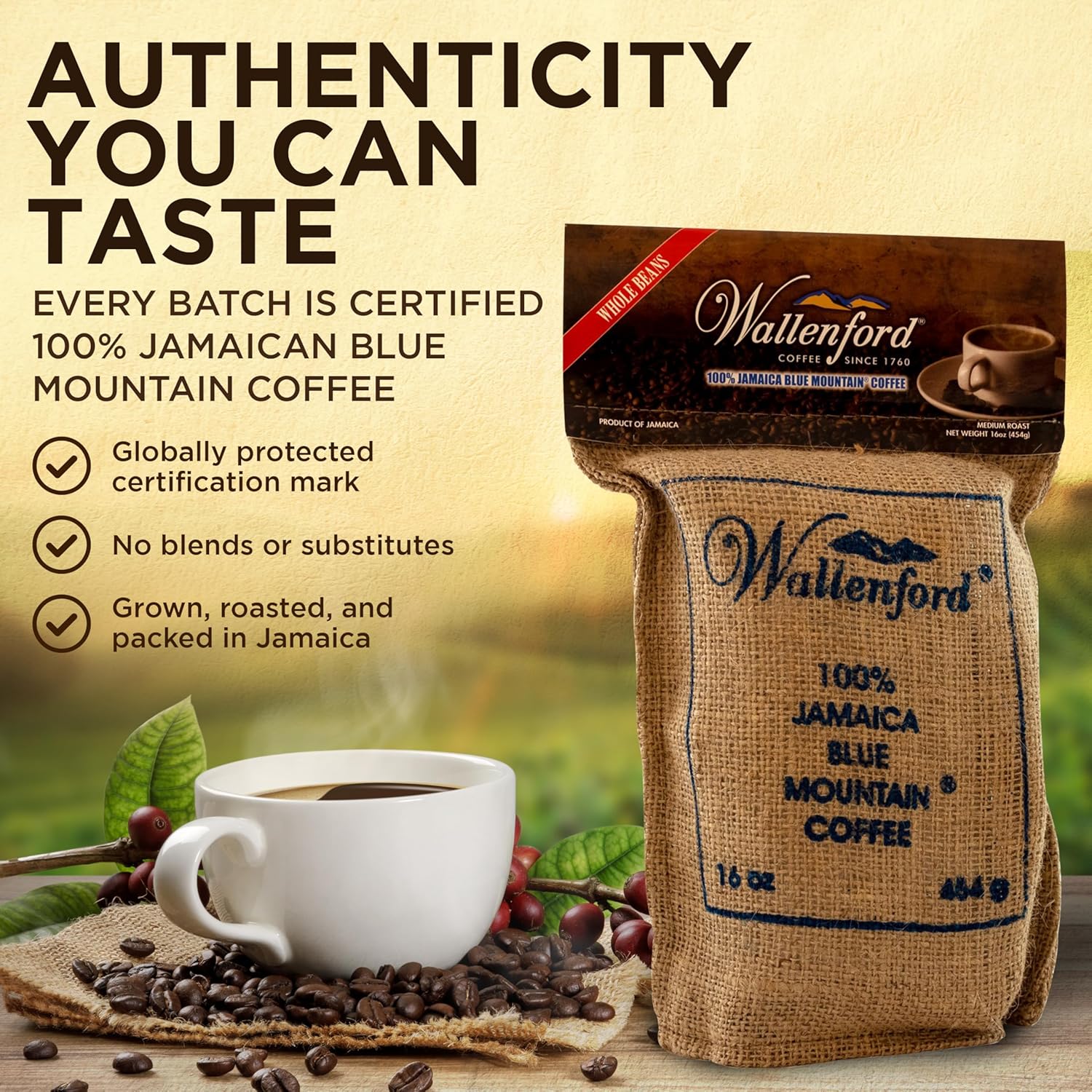Wallenford's 100% Jamaica Blue Mountain Roasted Whole BeanCoffee - Authentic Jamaican Blue Mountain Coffee Beans, Blue Mountain Coffee from Jamaica - 16oz