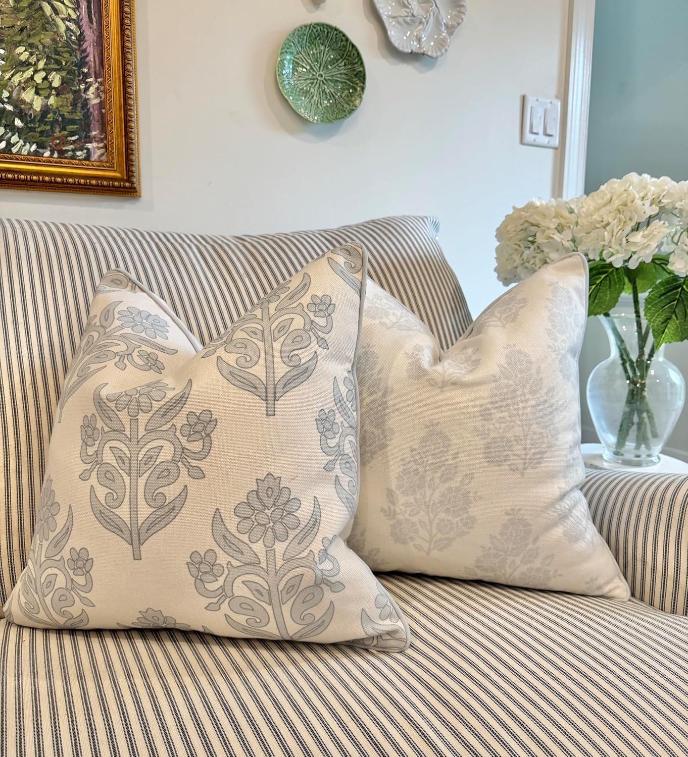 Jillien Harbor “The Patty” Floral Block Print Pillow Cover – Neutral Gray Decorative Throw Pillow Cover with White Background – Grandmillennial Home Decor, 20" x 20"