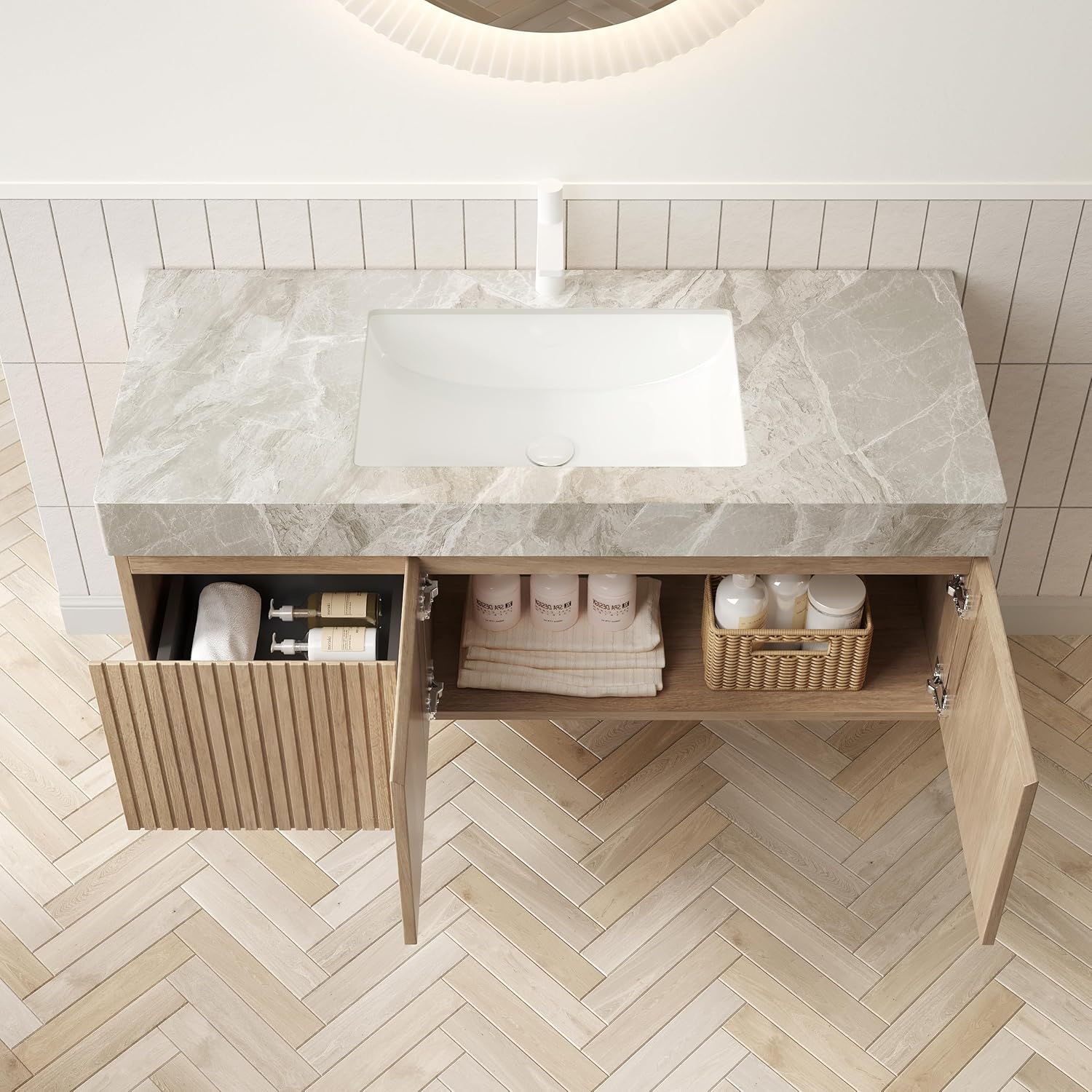 LKTART Floating 48 Inch Bathroom Vanity with Sink, Modern Plywood Wall Mounted Bathroom Storage Cabinet with 2 Doors and 1 Drawer, Roma Travertine-Pattern Sintered Stone Countertop and Ceramic Basins