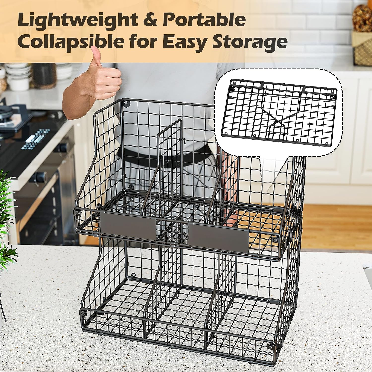 2 Pack Pantry Organizers and Storage Shelf Canned Food Organizer | Stackable,Metal Wire,4 Adjustable Dividers,Holds 60+ Cans,Space-Saving,Can Goods Organizer,for Cabinet Kitchen Countertop