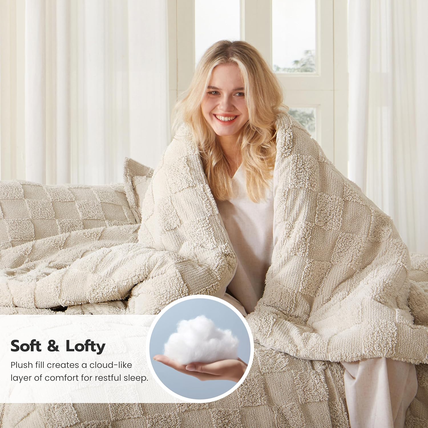 Joiedomi Tufted Queen Comforter Set, 3 Pieces Beige Boho Queen Bedding Set with 1 Plaid Geometric Comforter and 2 Pillow Shams, Checkered Bed in a Bag for All Seasons - Image 3