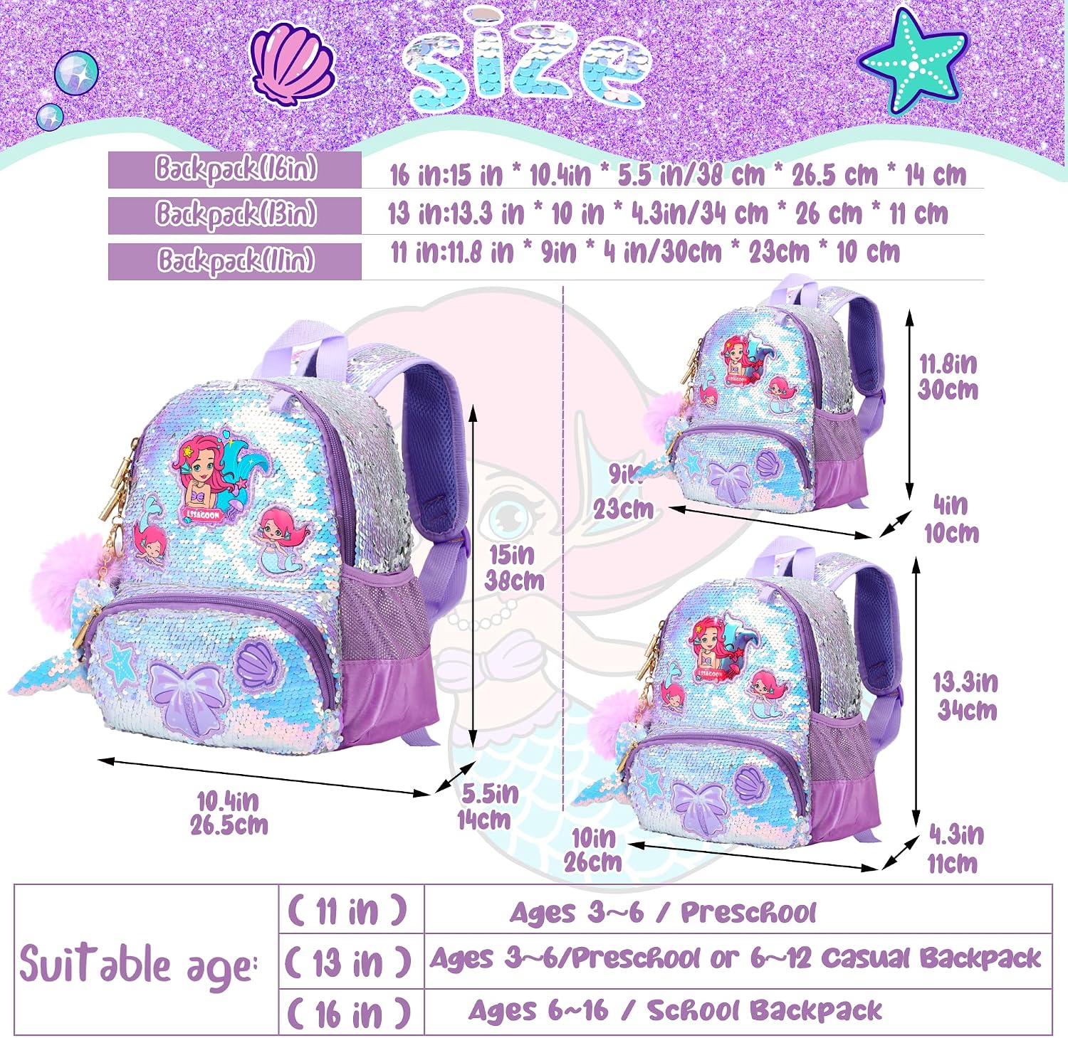 Mermaid Sparkly Sequin Backpack Little Girls