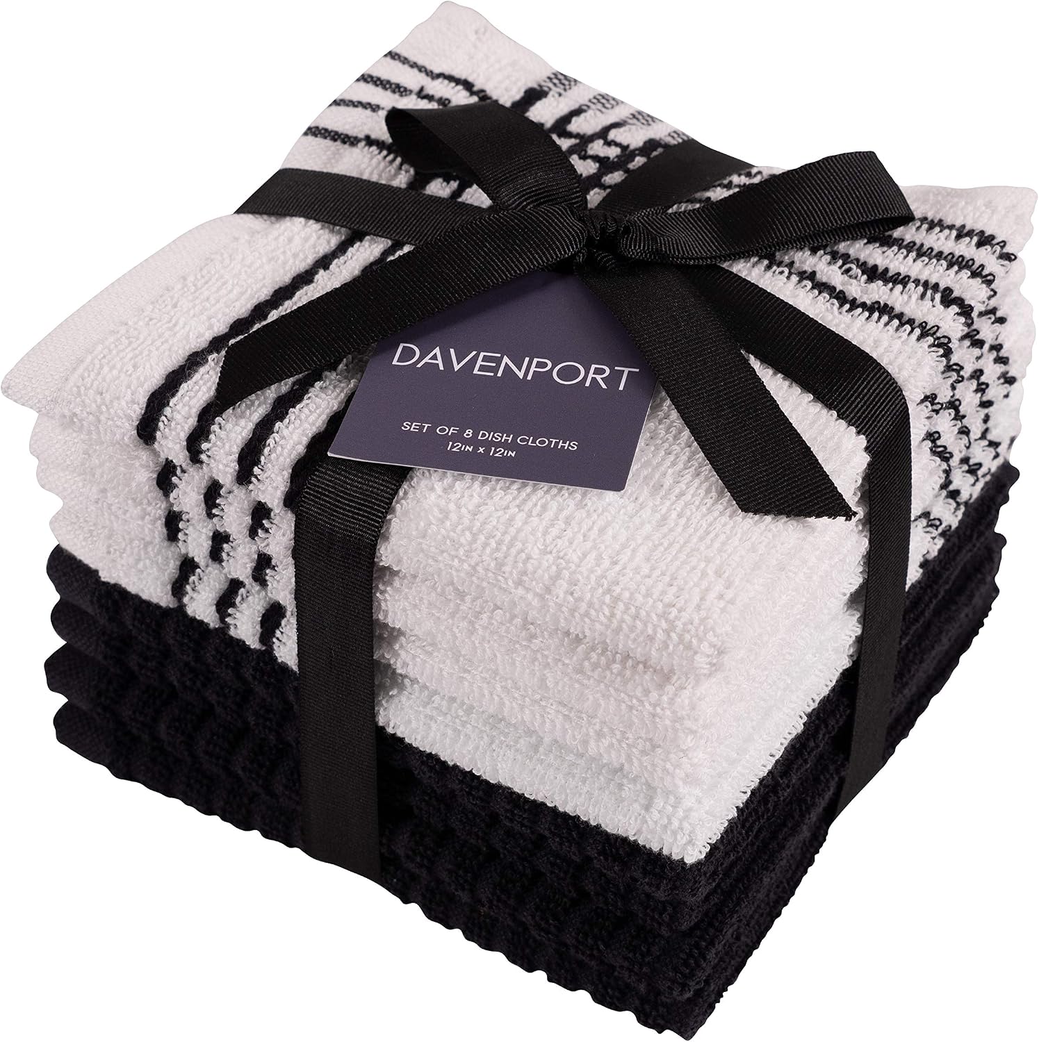 KAF Home Davenport 100% Cotton Dish Cloths | Set of 8, 12 x 12 Inches | Absorbent and Machine Washable | Perfect for Cleaning Counters, and Any Household Spills (Black, 12" x 12")
