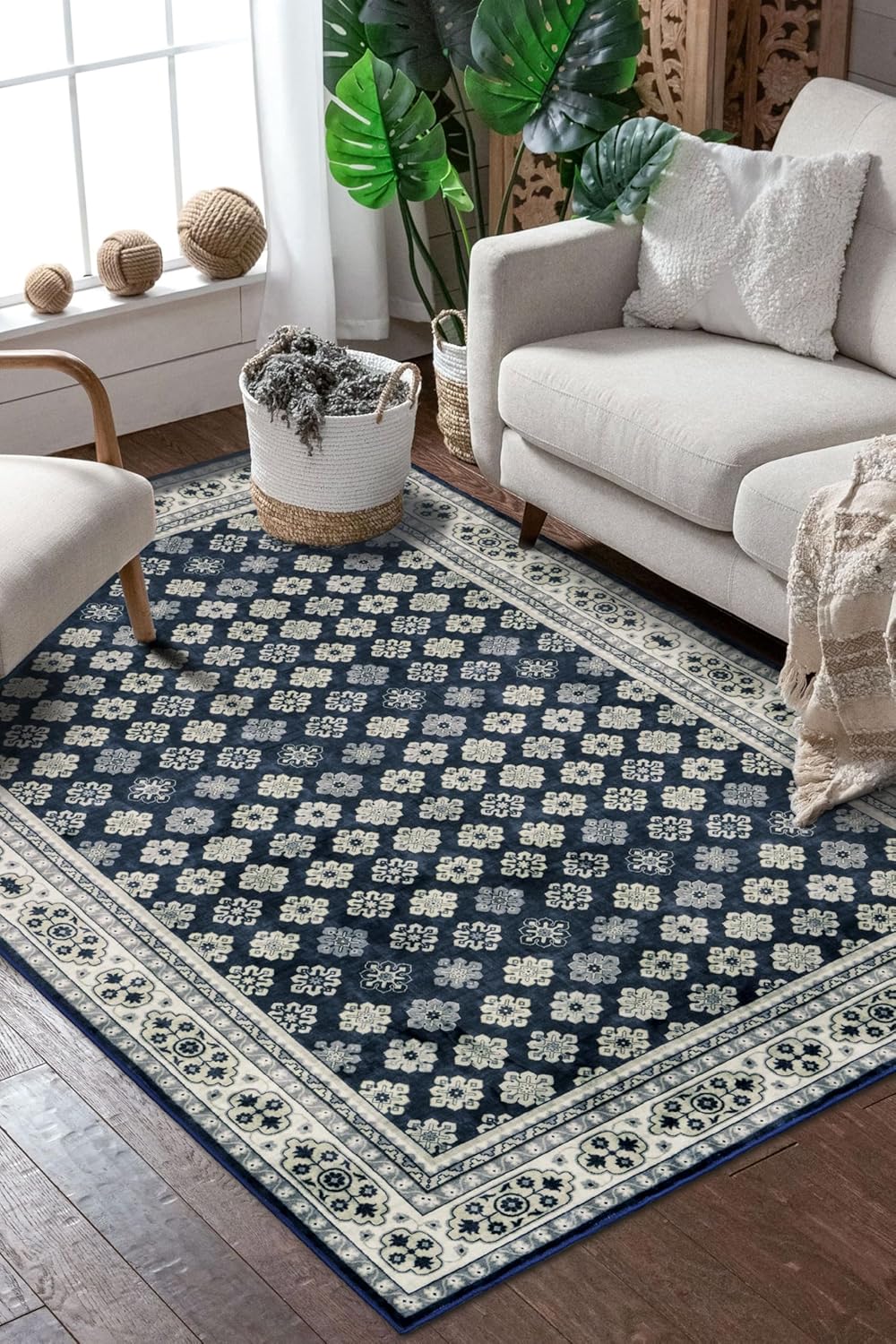 Marina Decoration Decor Luxury Non-Slip Rubber Backing Safety Soft Runner Area Carpet Floor Area Rug Indoor Interior Accent Decorative Mat, Navy Blue Floral Design, 5 x 7 Feet