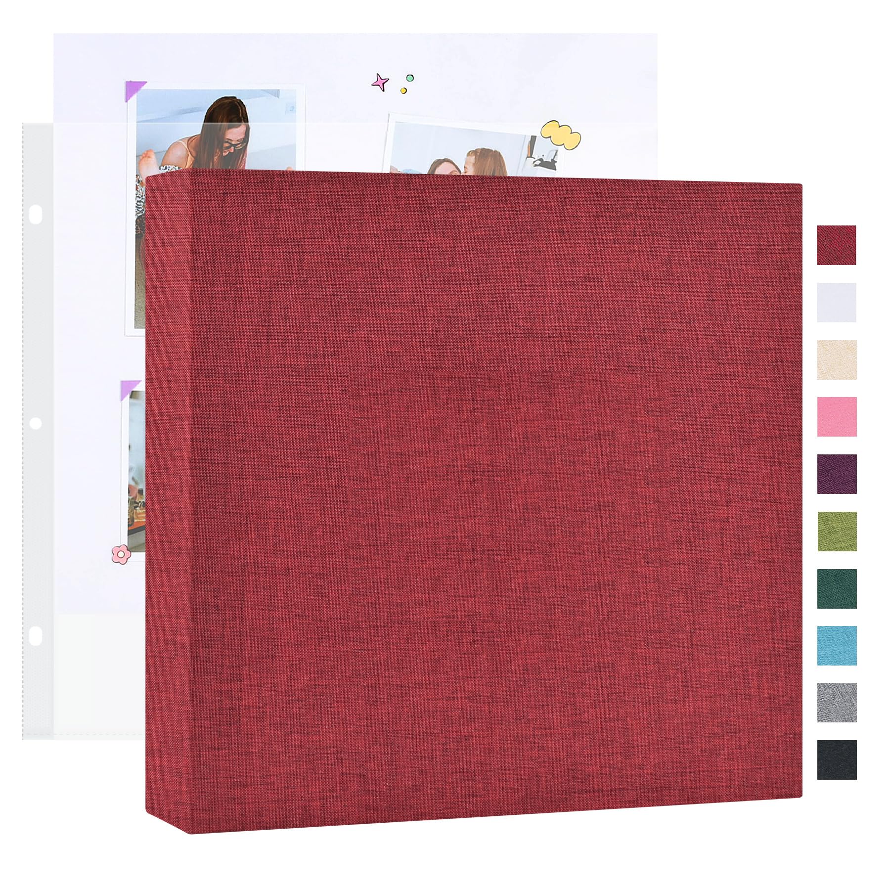 Mublalbum DIY 3 Ring Photo Album 10x10 Inch with 20 Plastic Cases 40 Pages Linen Cover Binder for Baby Travel Wedding Birthday DIY Projects (Red)