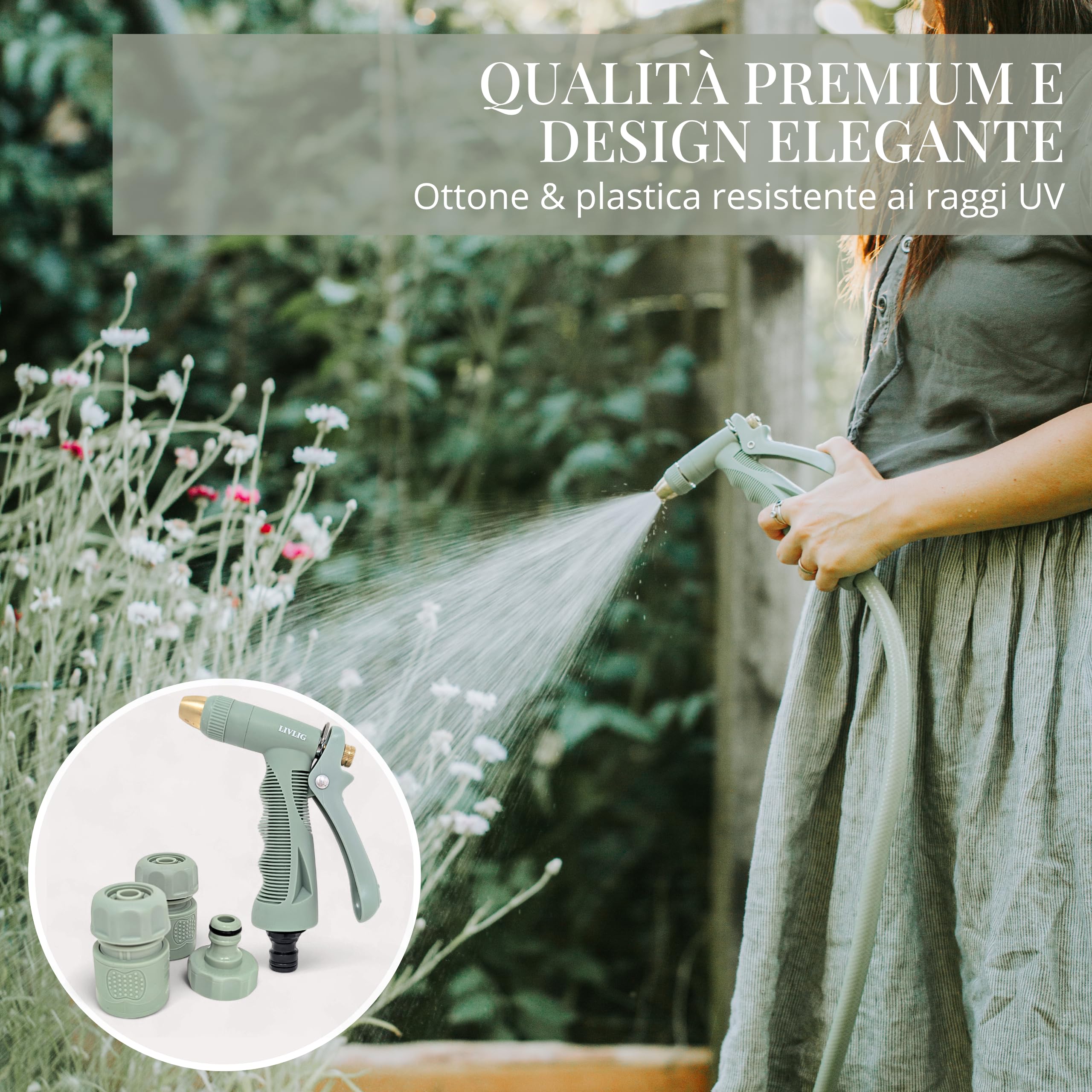 LIVLIG Set tubo 30 m 1/2" – tubo anti‑piegatura e UV con pistola e raccordi (G3/4, stop 1/2, rapido) – Verde