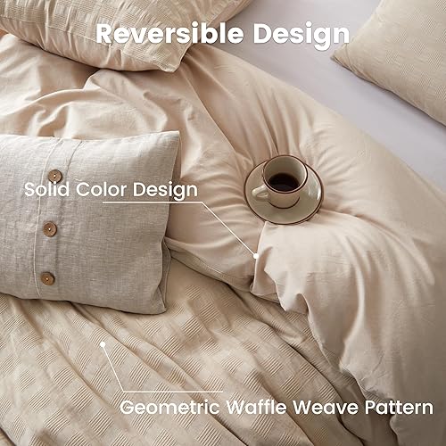 Miniatura 4 de BISELINA Juego de funda de edredón 100% algodón, tejido de gofre, 3 piezas (1 funda de edredón, 2 fundas de almohada), reversible, suave, agradable