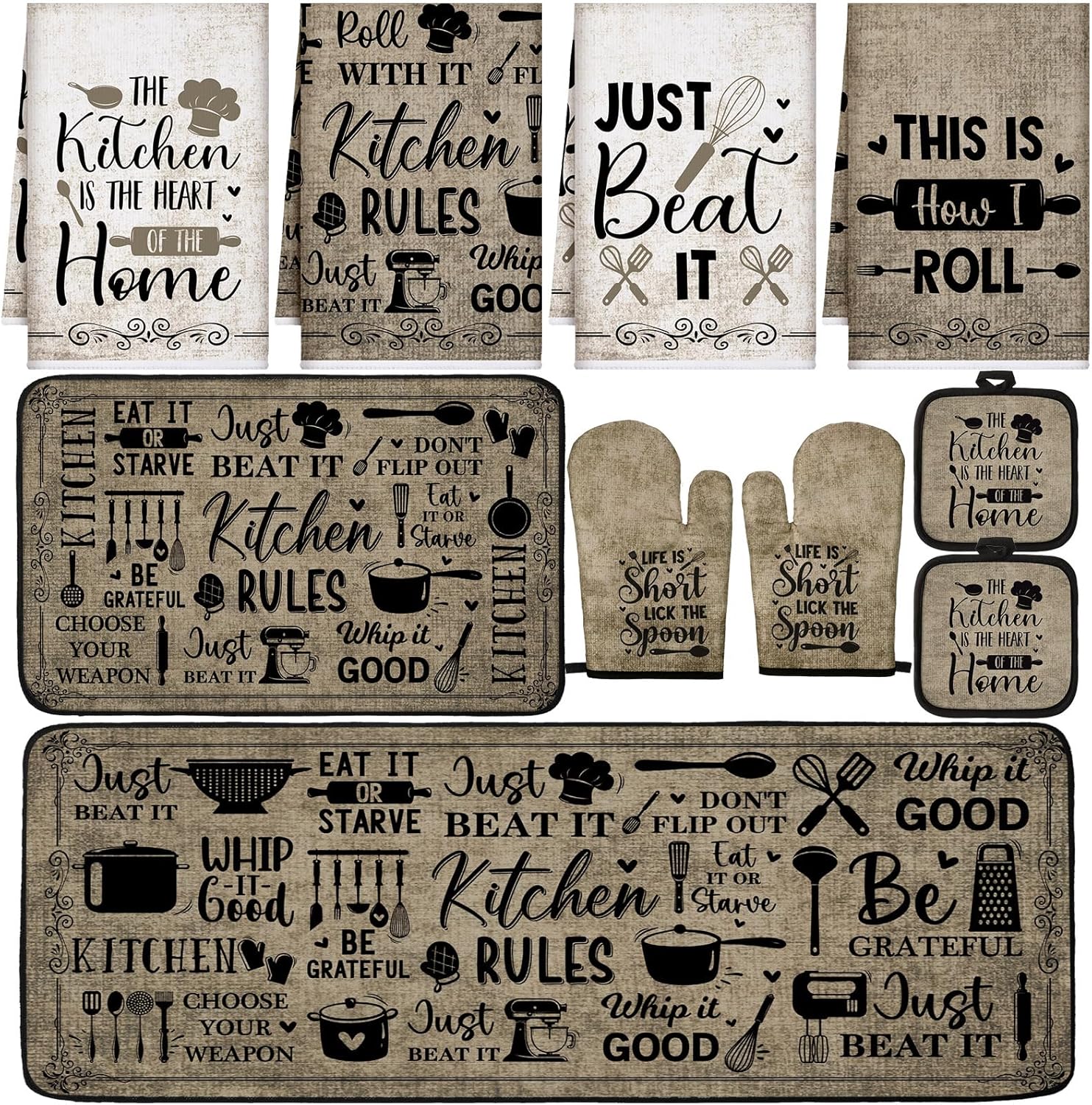 10 Pcs Attractive Style Kitchen Dish Towels Rugs Oven Mitts and Pot Holders Set Farmhouse Kitchen Decor Set for Women Mom Daughter Gift Cooking Baking Grilling (Rustic Farmhouse)