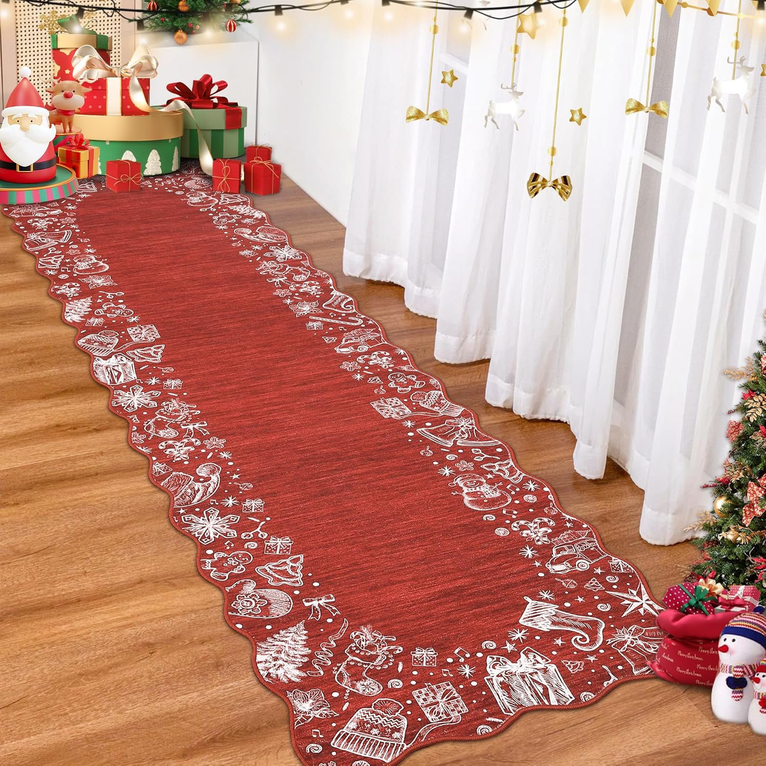 COZYLOOM Christmas Runner Rug 2x6 Red Runners for Hallways, Non Slip Washable Bathroom Rugs, Low Pile Snowman Scalloped Entryway Carpet, Soft Floor Mats for Bedside Holiday Decor