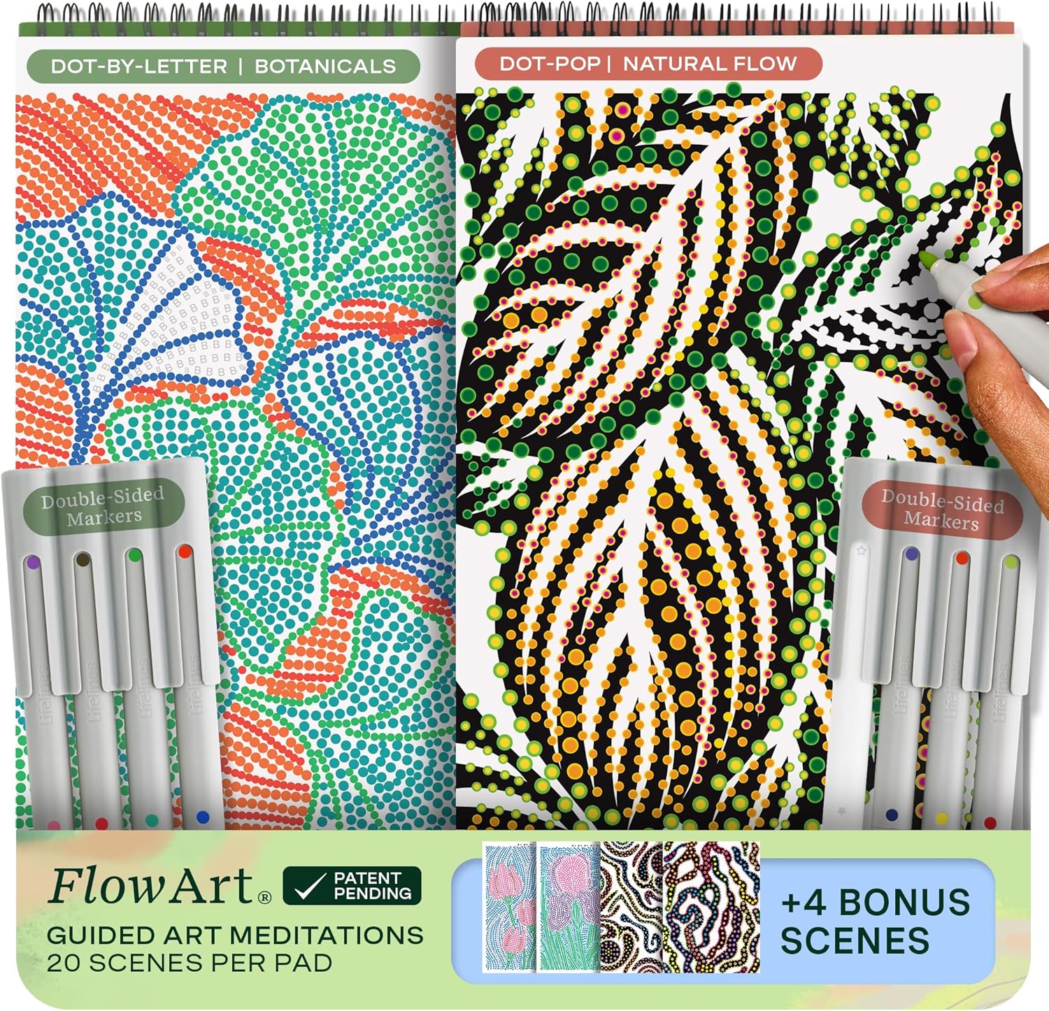 Lifelines FlowArt Activity Pad, 2-Pack – Guided Dot Art Meditations with Markers – Color by Number/Letter and More Coloring Books for Teens, Adults & Seniors
