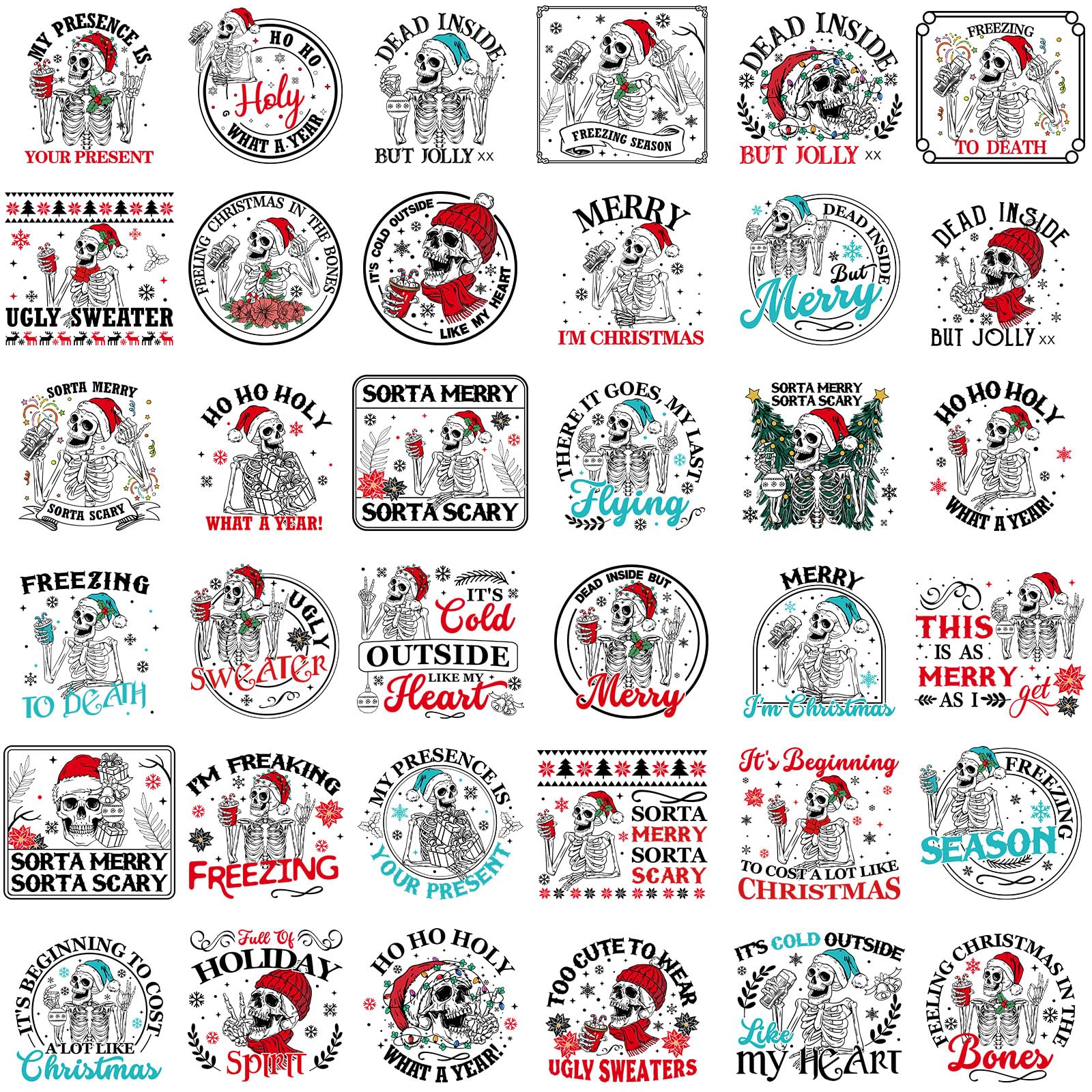 Gilprop36 Sheets Christmas Skeleton Iron on Transfers, Christmas DTF Transfers Ready to Press Skeleton Heat Transfer Stickers Iron on Vinyl Decals for T Shirts Pillow Hat Clothing Bag Xmas Decoration