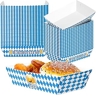 50 PCS Oktoberfest Paper Food Tray, Blue White Oktoberfest Party Supplies with 3 Designs, Disposable Oktoberfest Decorations, Fold-to-Assemble Boat Beer Festival Food Tray for Bavarian Celebration