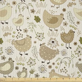 Ambesonne Chicken Fabric by The Yard, Chunky Farm Animals in Polka Dots Flowers and Berries, Microfiber Fabric for Arts and Crafts Textiles & Decor, 10 Yards, Brown Camel