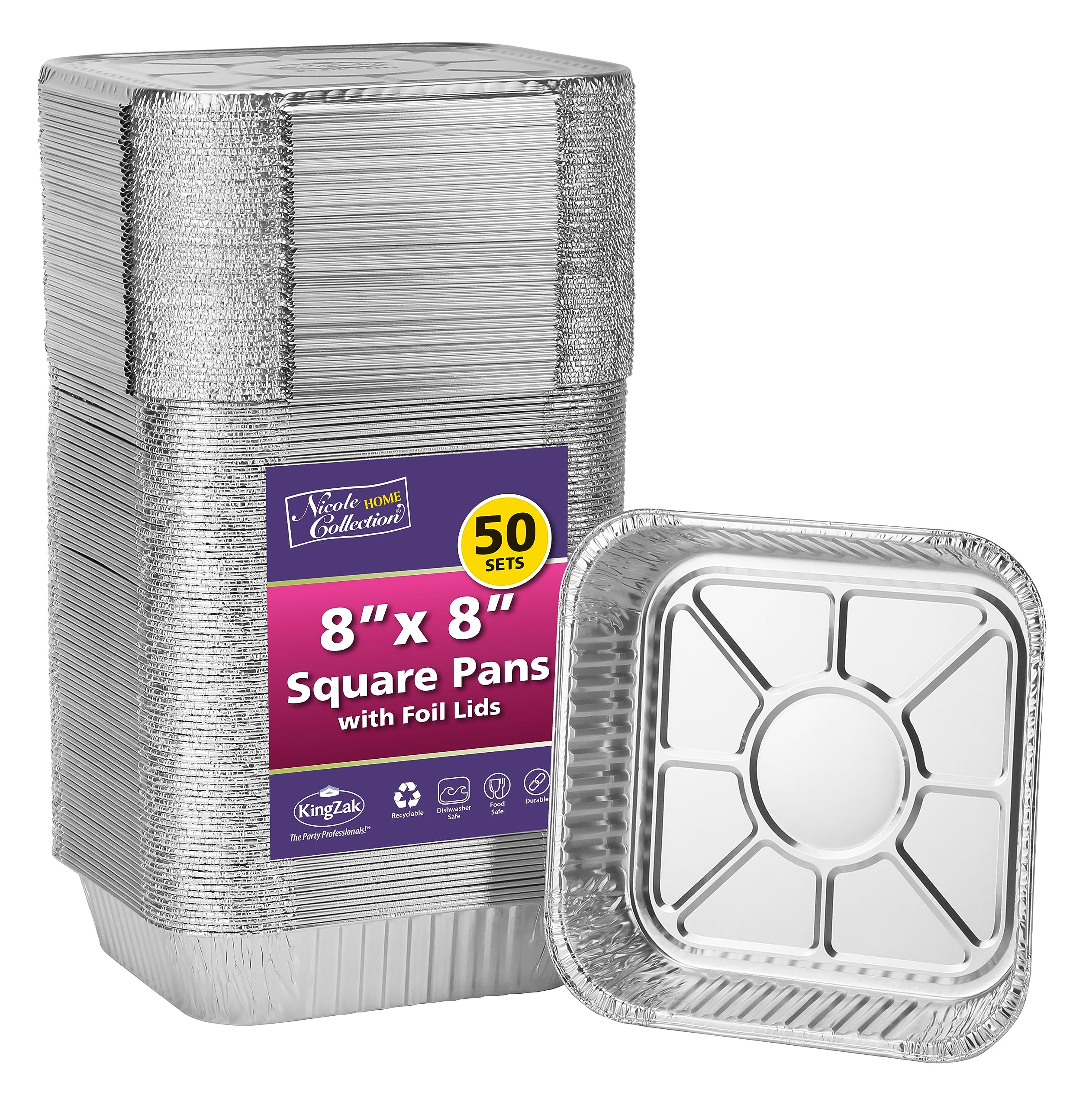 8x8 Aluminum Pans With Lids (50 Pack) 8 Inch Foil Pans With Covers - Cake Pans - Aluminum Square Pans With Lids - Disposable Food container - great For Cake Baking, Cooking, Freezing, Prepping Food