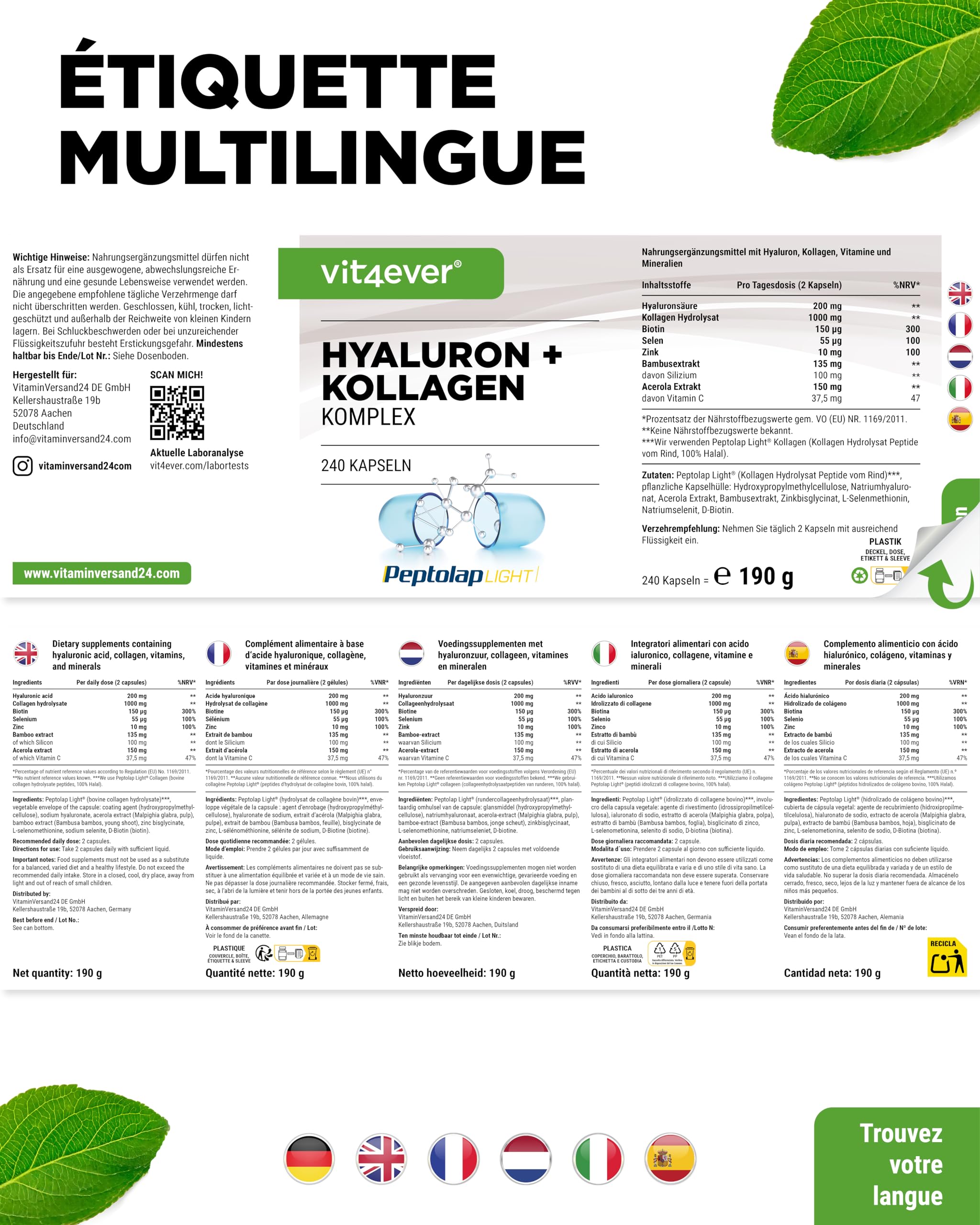 vit4ever Complexe Collagène Acide Hyaluronique - 240 Gélules - Premium: avec de la Biotine Bioactive, du Sélénium, du Zinc, de la Vitamine C Naturelle Issue de l'Acérola et du Silicium Issu du Bambou
