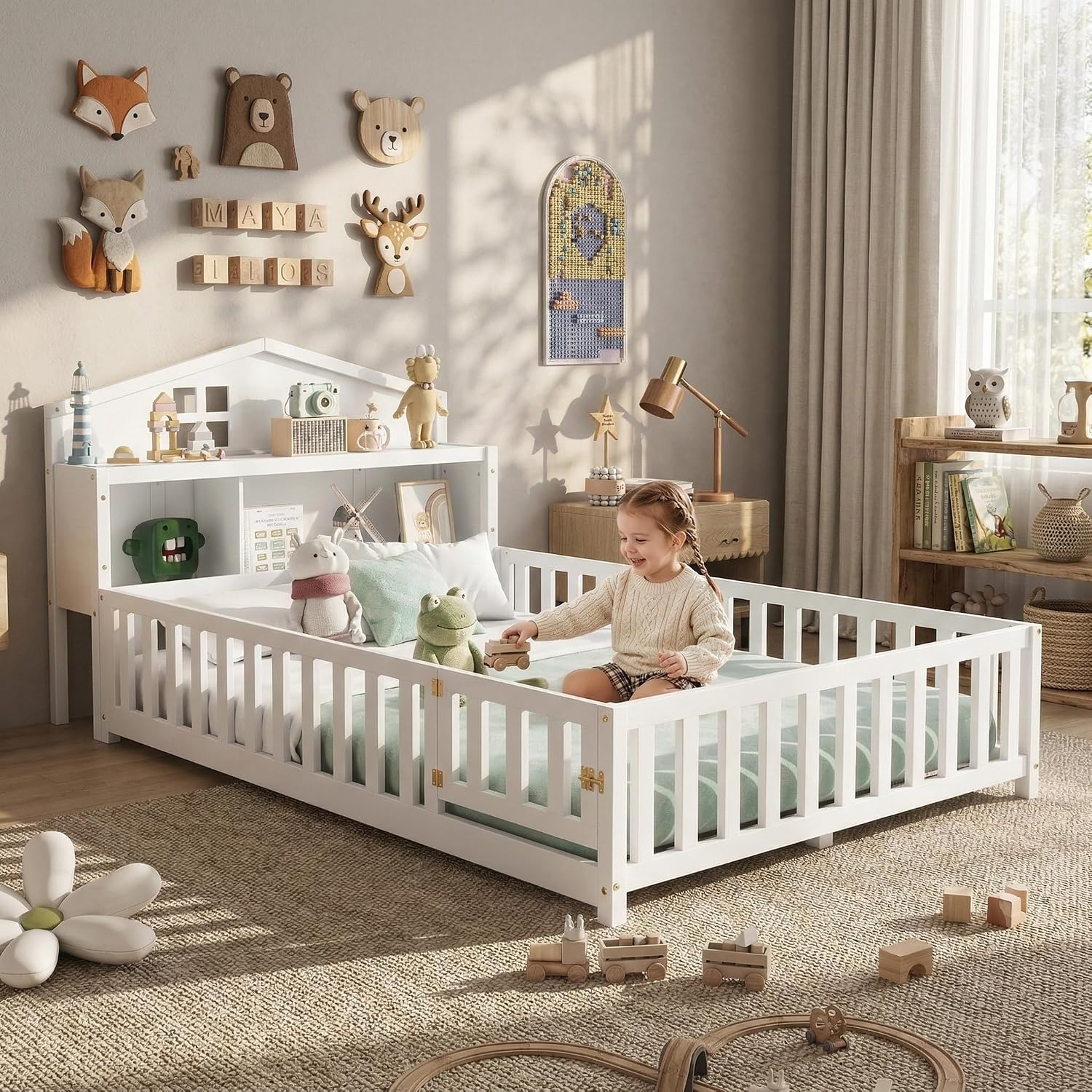Full Size Montessori Floor Bed House with Storage Headboards and Blackboards,Versatile Kids House Bed with Guard Rails and Door,Solid Wood Floor Bed Frame for Girls Boys,White