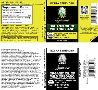 Louianna - Organic Wild Oregano Oil, Pure Oil of Oregano Drops, with 80 Percent Carvacrol, for Oral or Topical Use, 30 mL