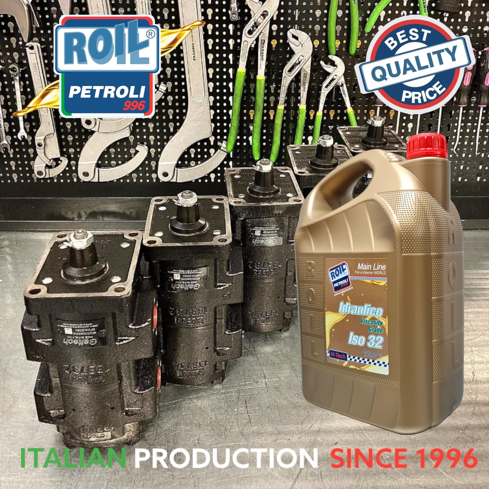 5 Litri di Roil Olio idraulico VG ISO 32 "NUOVA FORMULA CON POLIMERO ELASTOMERO" con più elasticità e durata delle parti in gomma, antischiuma e antiusura per sistemi oleodinamici e idrostatici
