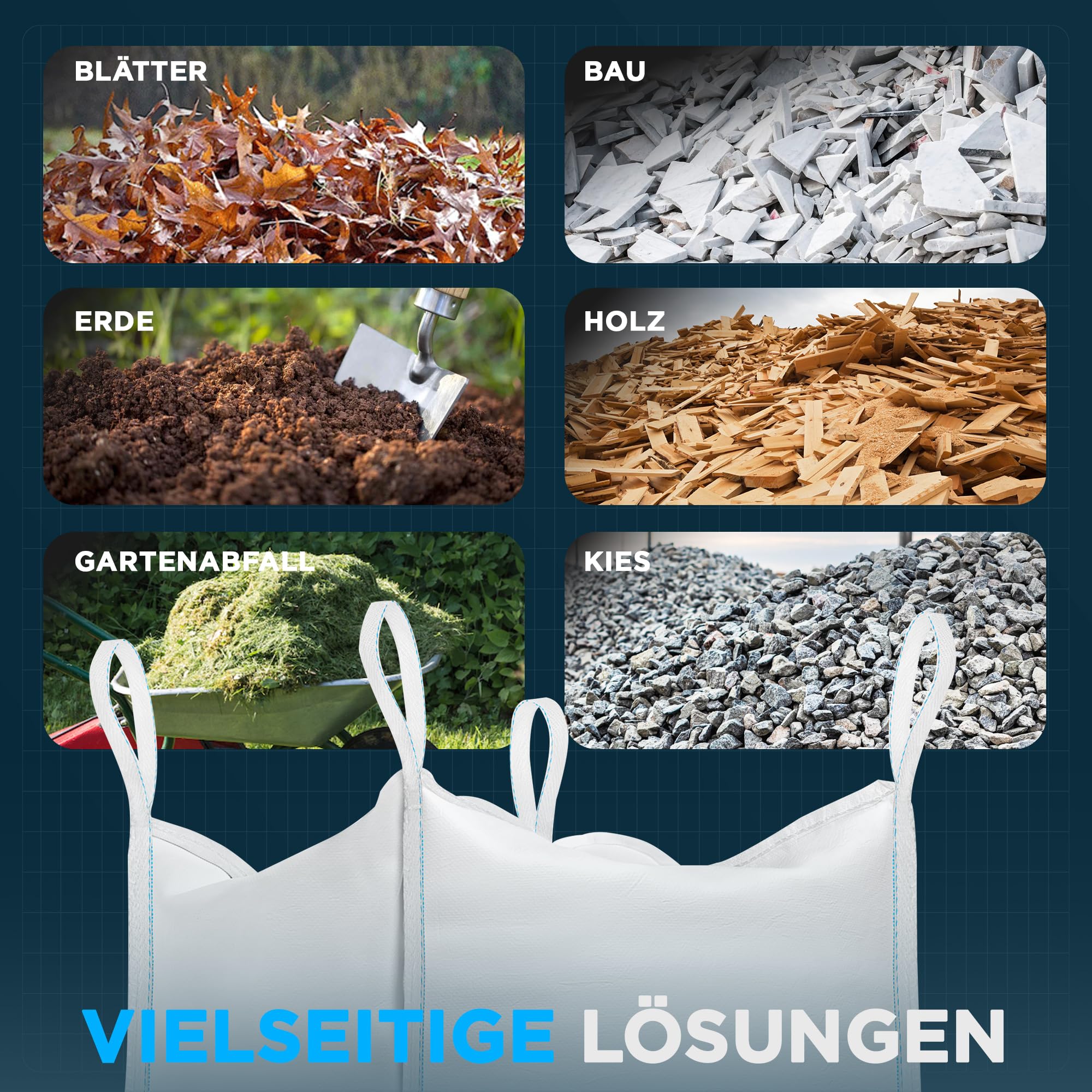 Big Bag Säcke (4 EINHEITEN) 1000kg | Big Pack 90x90x90 cm | Big Pack Garten Widerstandsfähig und Wiederverwendbar | Bigpack perfekt für Baustelle, Garten, Sand, Abfall und Holz