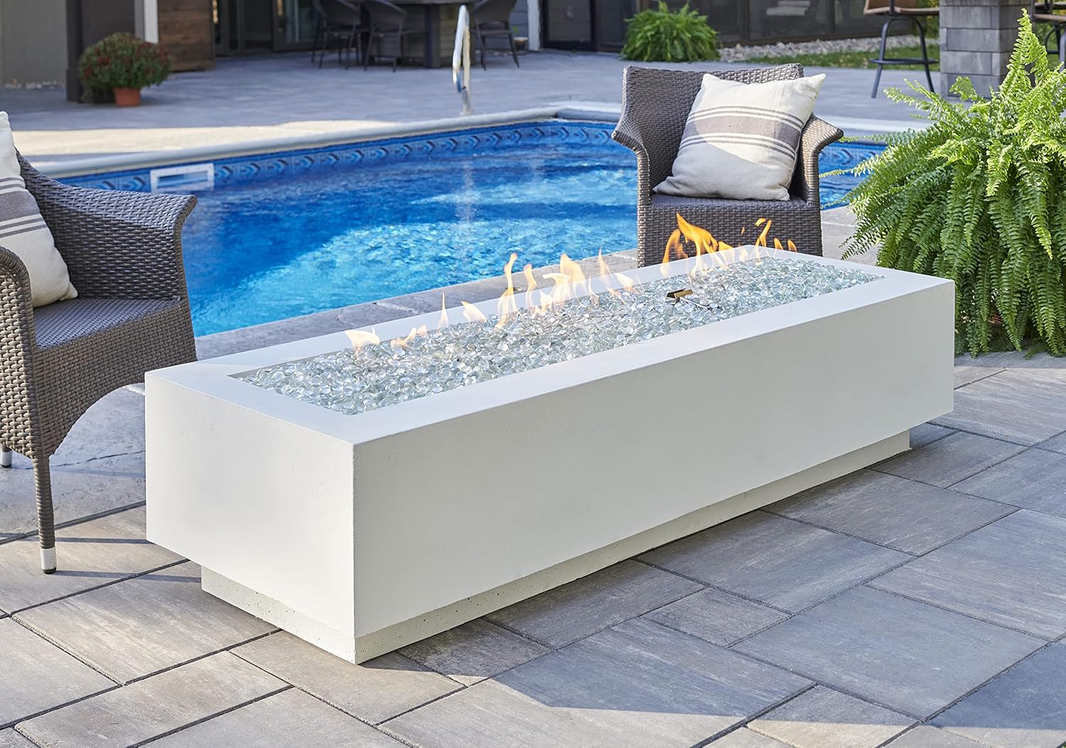 Outdoor GreatRoom Co Propane Fire Pit Table - Cove Gas Fire Pits for Outside Patio - 72 Inch Rectangular Concrete Firepit Fire Table, Metal Plate Cover, Clear Glass Gems, 100,000 BTU - White