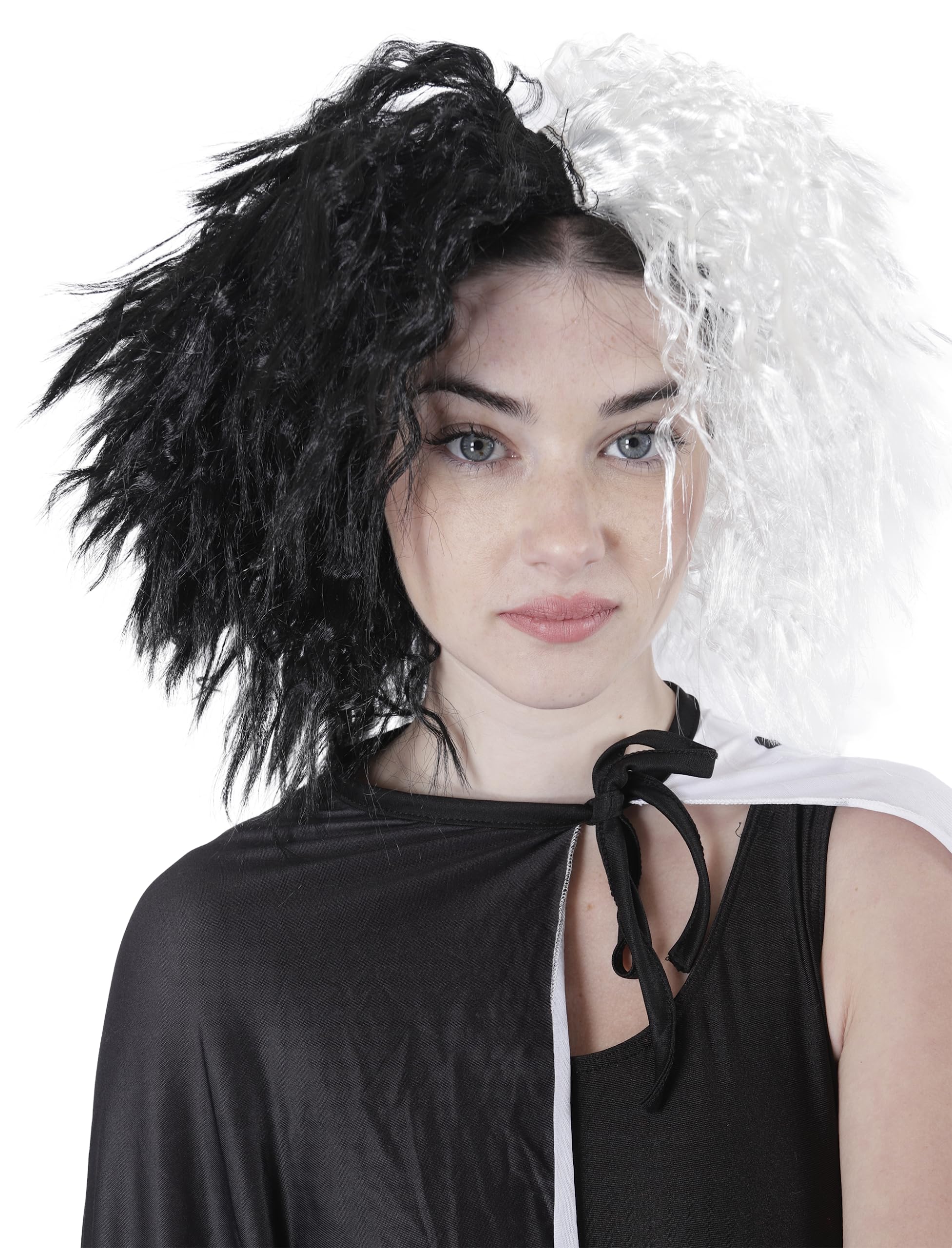 Carnavalife Capa Cruella Devil Mujer, Peluca Blanca y Negra Cruella de Vil Disfraz, Guantes Rojas Largas y Cigarro Cruella Devil para Disfraz Dalmata Adulto Mujer Halloween
