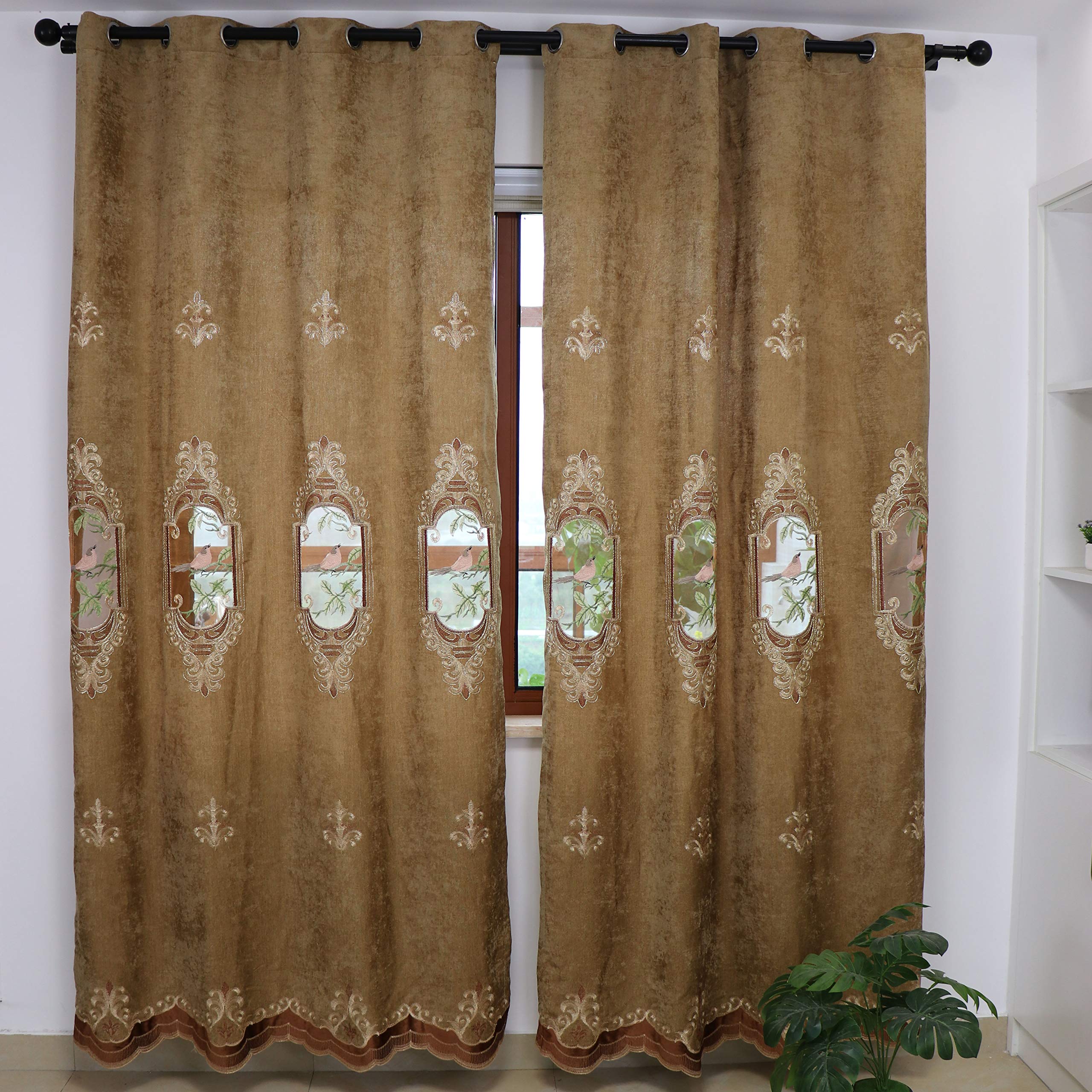 SLOW SOUL 2er Set Gestickte Vögel 80% Verdunklungsvorhang für Wohnzimmer Schlafzimmer Esszimmer Gardinen High End Vorhang mit Ösenoberseite braun Stoff 124 x 244 cm (B x H)