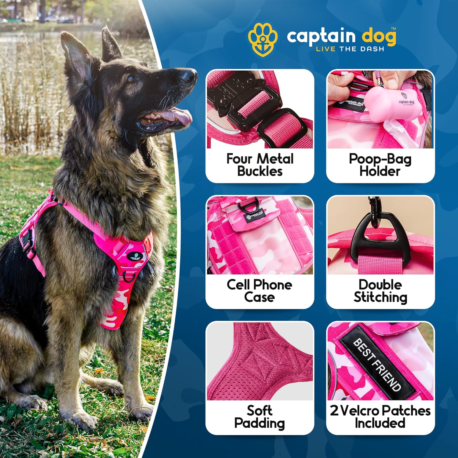 XXL Reflective Xdog Vest No Pull with 4 Metal Buckles & Double Stitching up to 150lb CAPTAIN DOG - Pink Camo, XXL Dog Harness with 2 Removeable Patches, Pink Tactical Dog Harness With Poop Bag Holder.